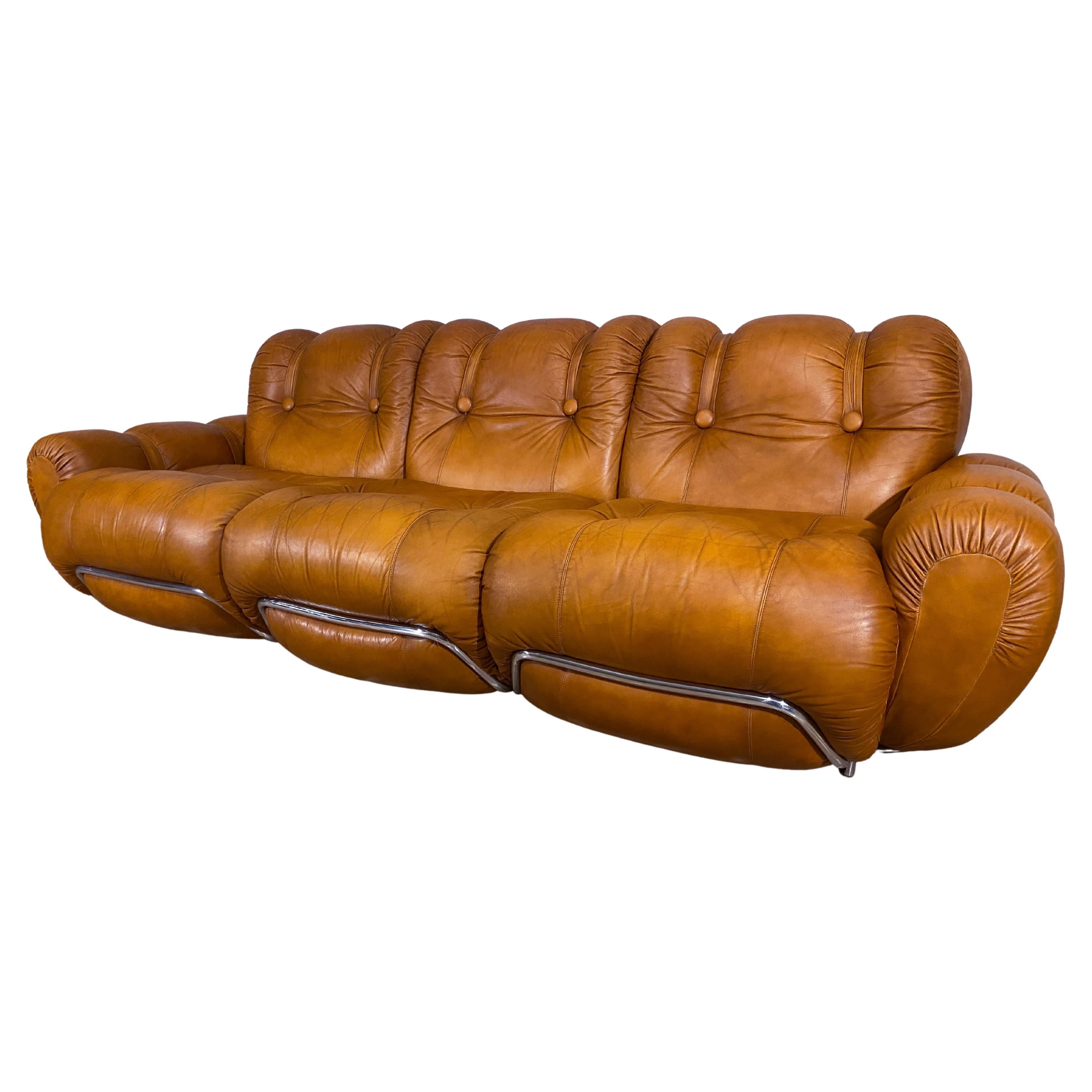 Italian Midcentury Three-Seater Natural Leather Space Age Sofa, 1970s