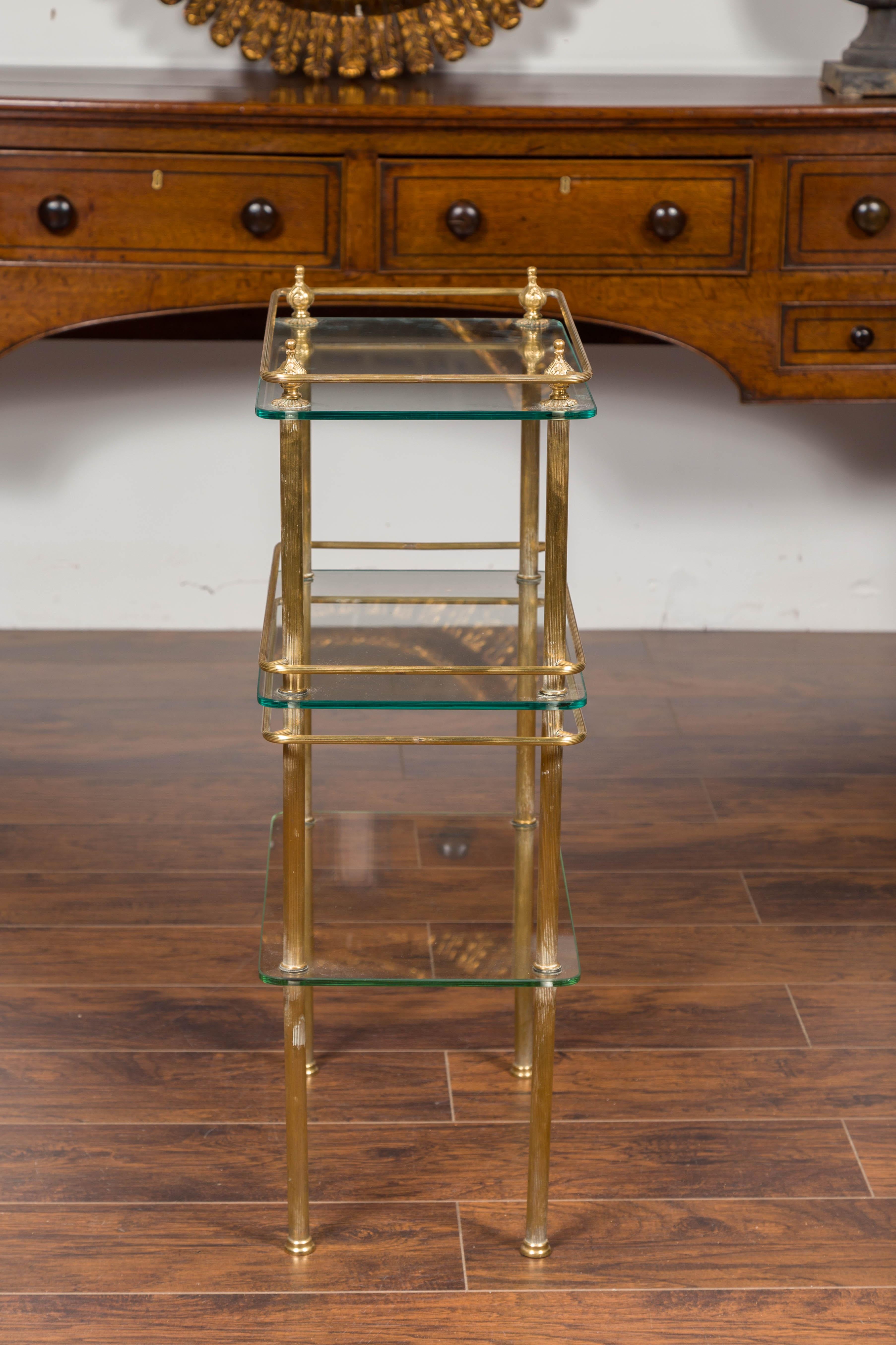 Italian Midcentury Tiered Brass Side Table with Glass Shelves and Petite Finials 6