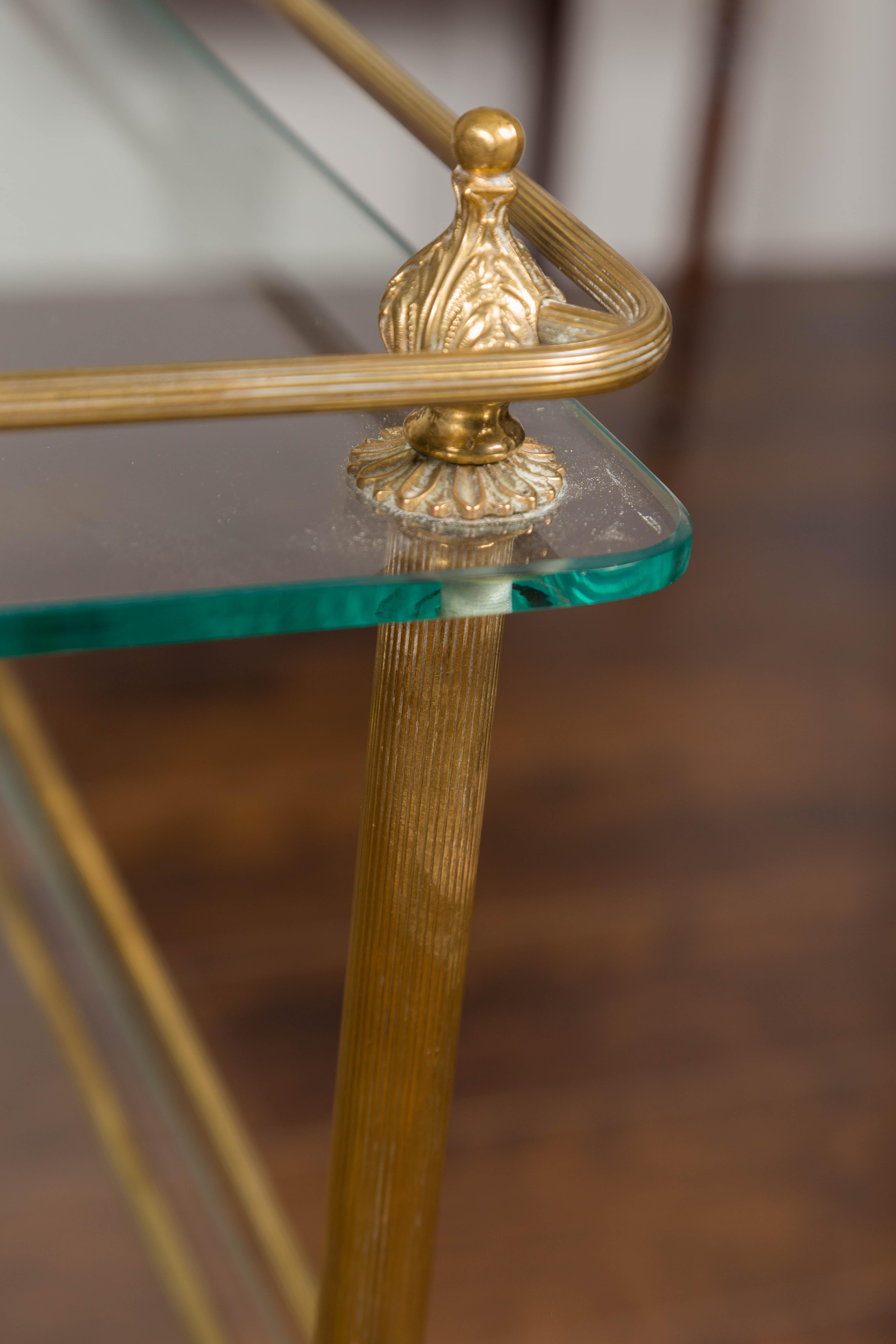 Italian Midcentury Tiered Brass Side Table with Glass Shelves and Petite Finials 7