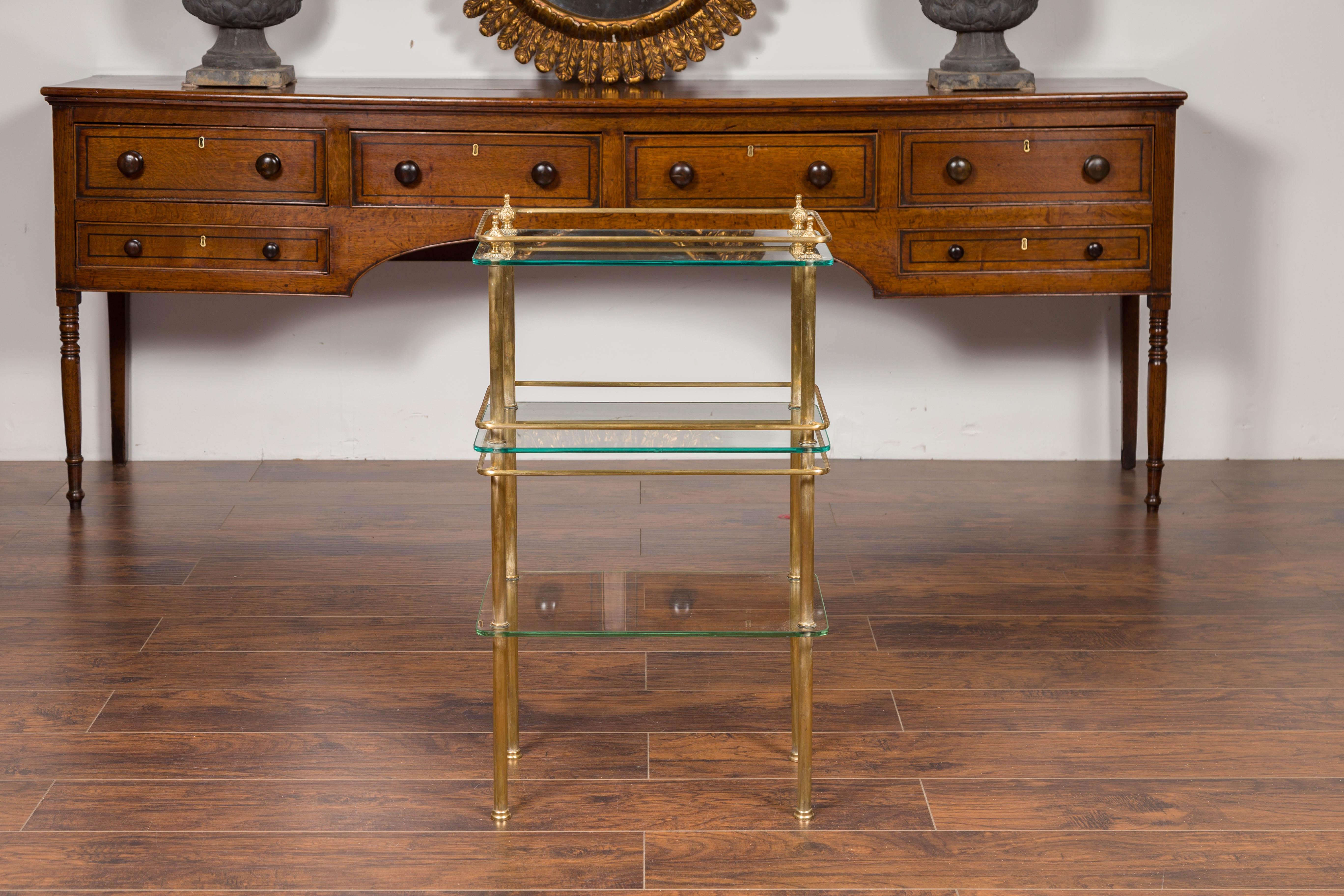 Italian Midcentury Tiered Brass Side Table with Glass Shelves and Petite Finials 8