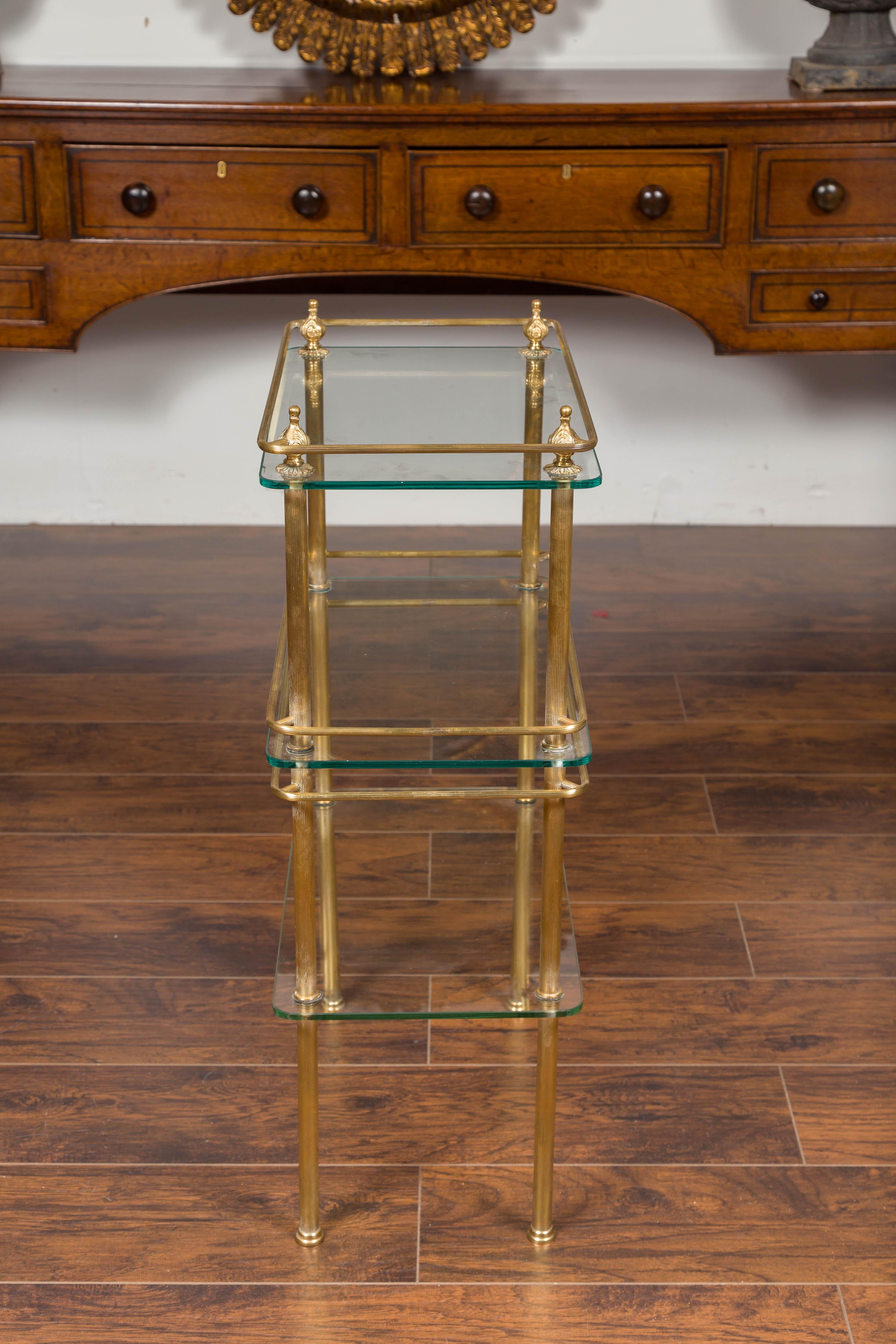 Italian Midcentury Tiered Brass Side Table with Glass Shelves and Petite Finials 9