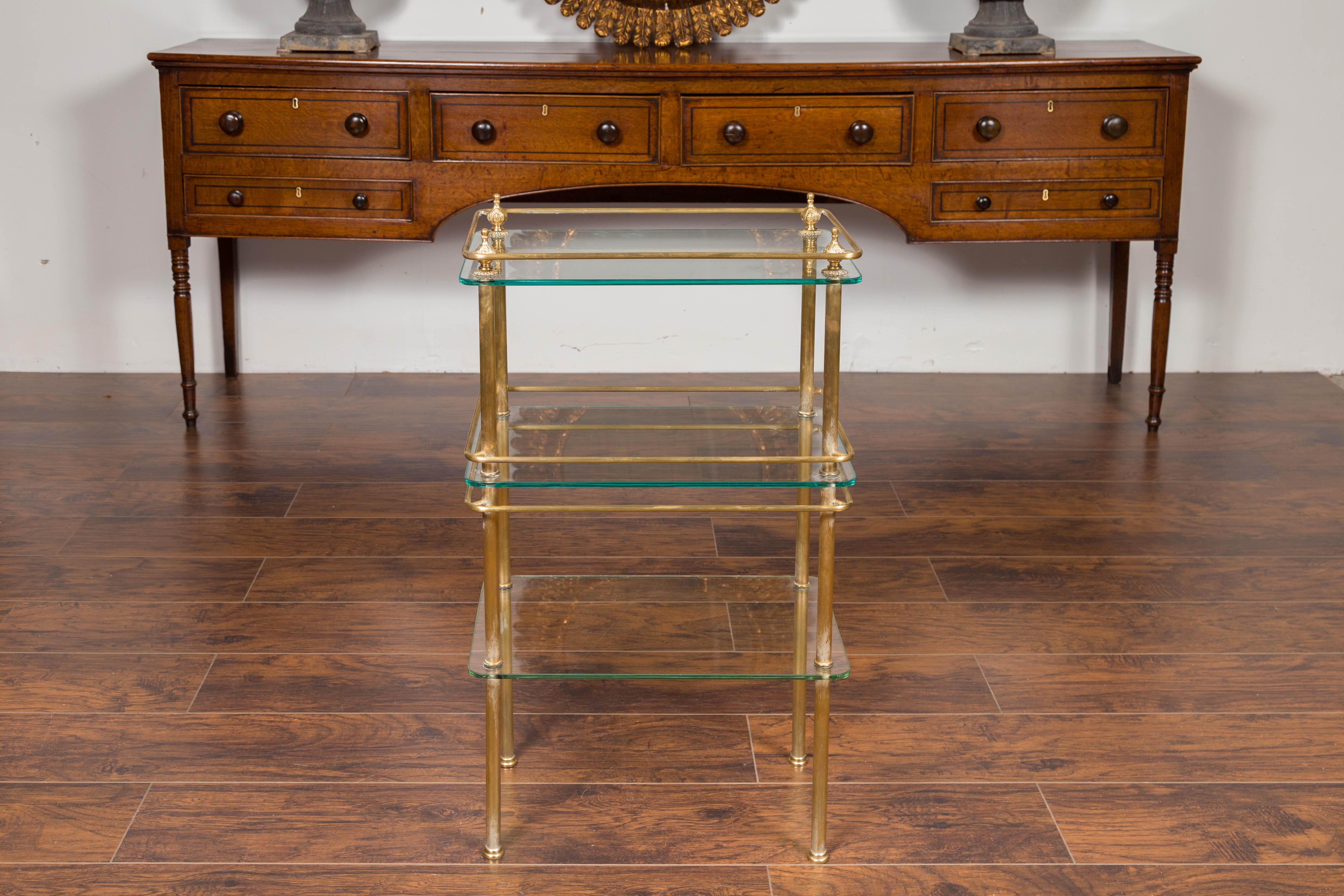Italian Midcentury Tiered Brass Side Table with Glass Shelves and Petite Finials 11