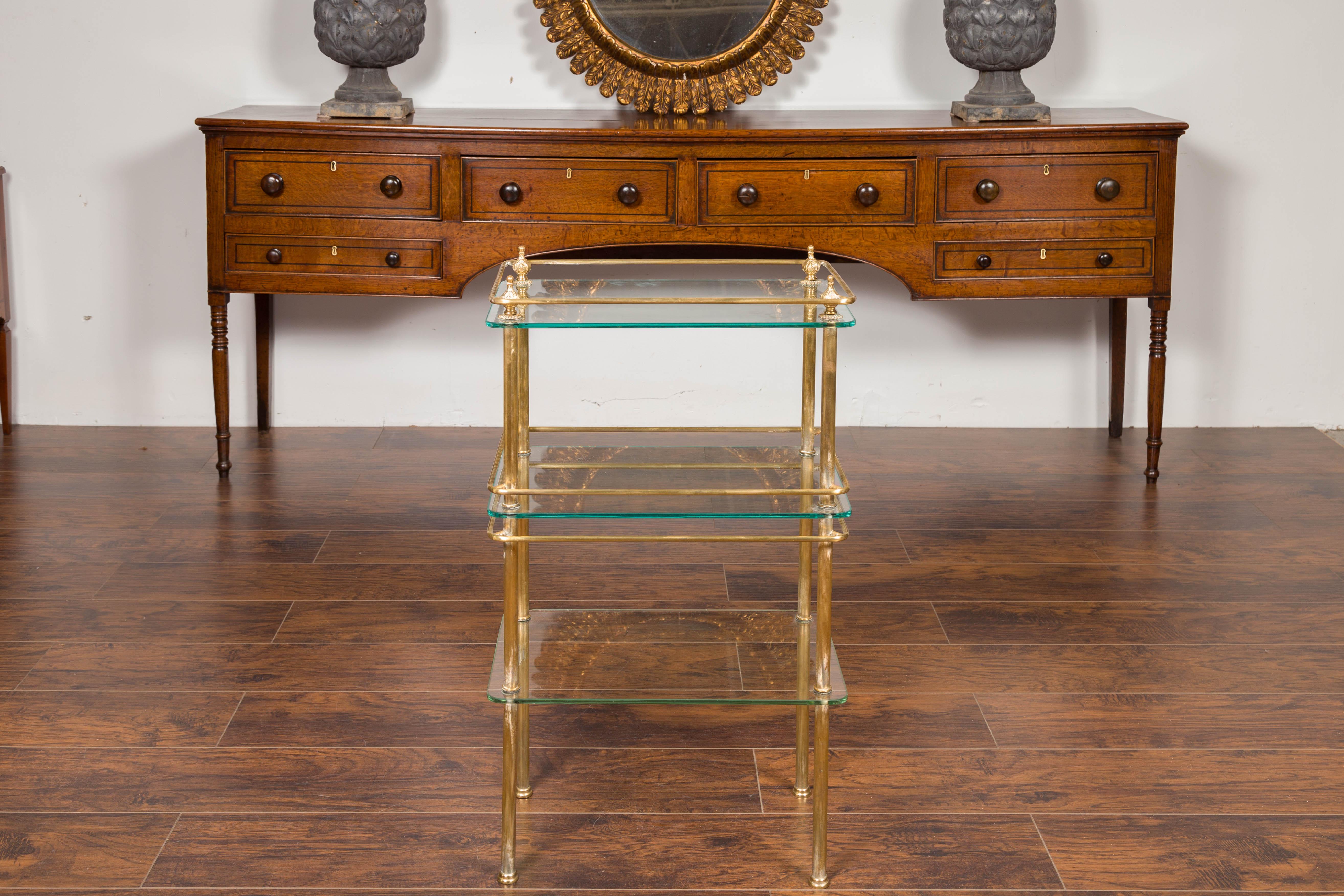20th Century Italian Midcentury Tiered Brass Side Table with Glass Shelves and Petite Finials