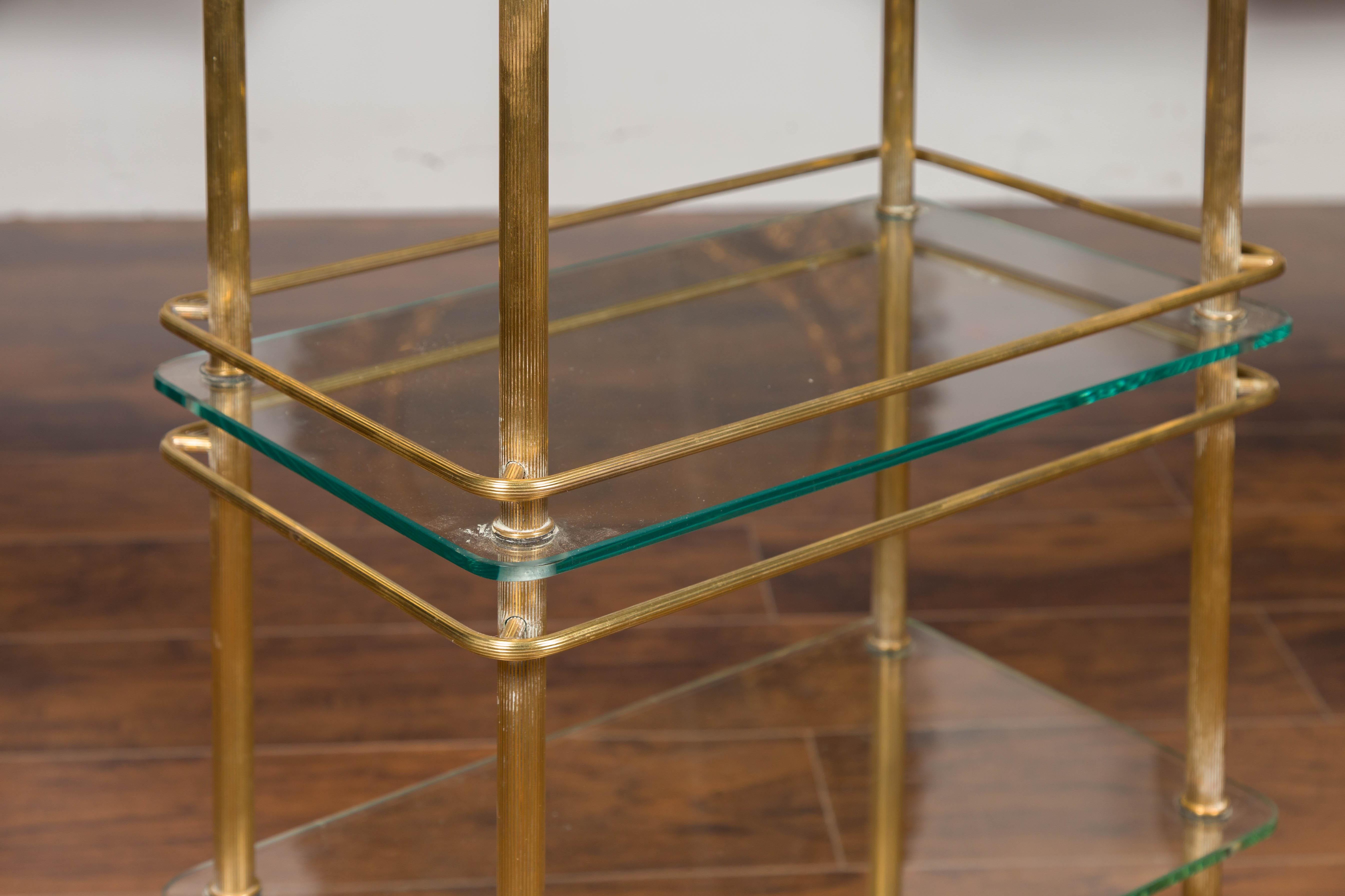 Italian Midcentury Tiered Brass Side Table with Glass Shelves and Petite Finials 3