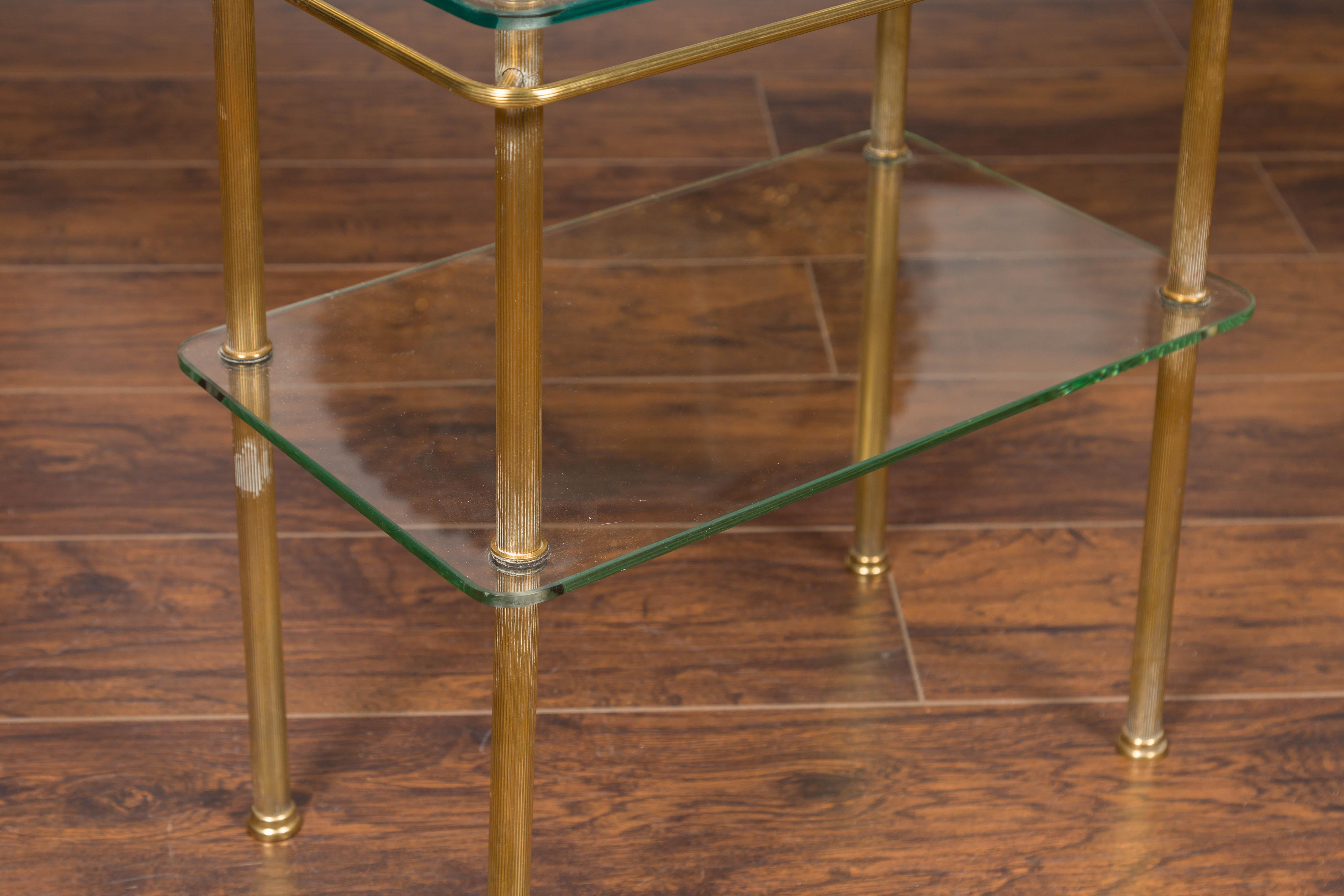 Italian Midcentury Tiered Brass Side Table with Glass Shelves and Petite Finials 4