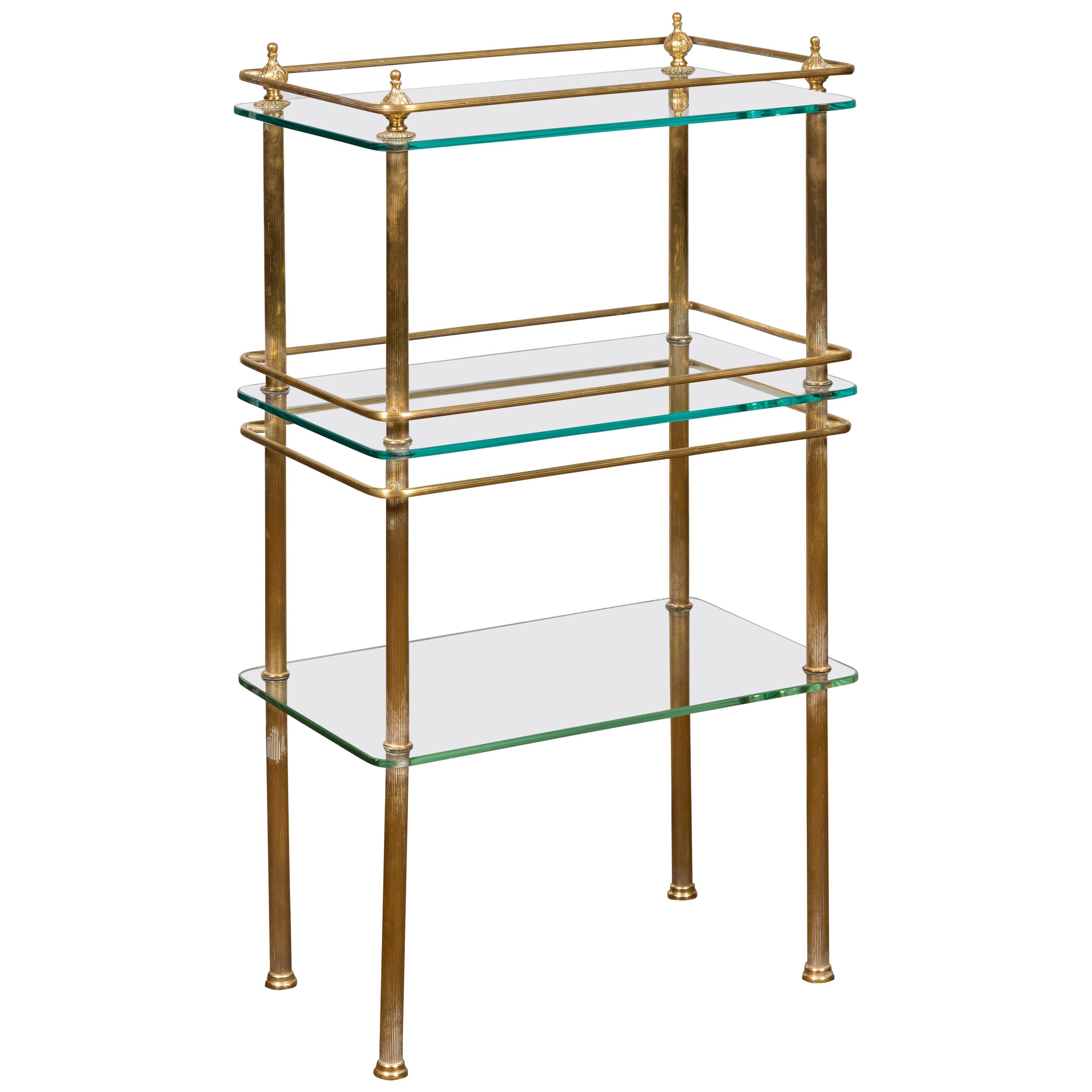 Italian Midcentury Tiered Brass Side Table with Glass Shelves and Petite Finials