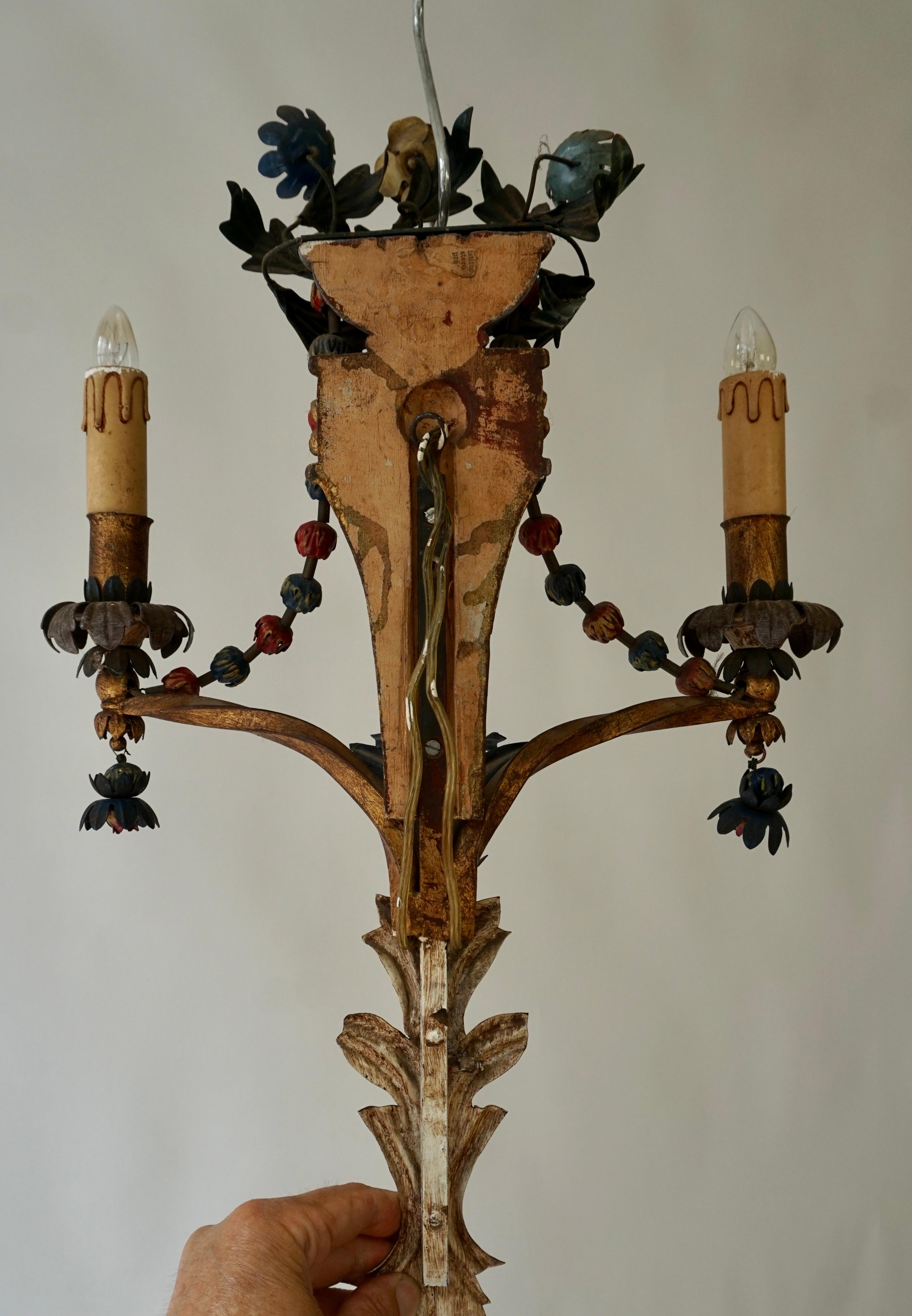 Hand-Crafted Four Italian Midcentury Tole Floral Vintage Wall Sconces with Painted Flowers For Sale