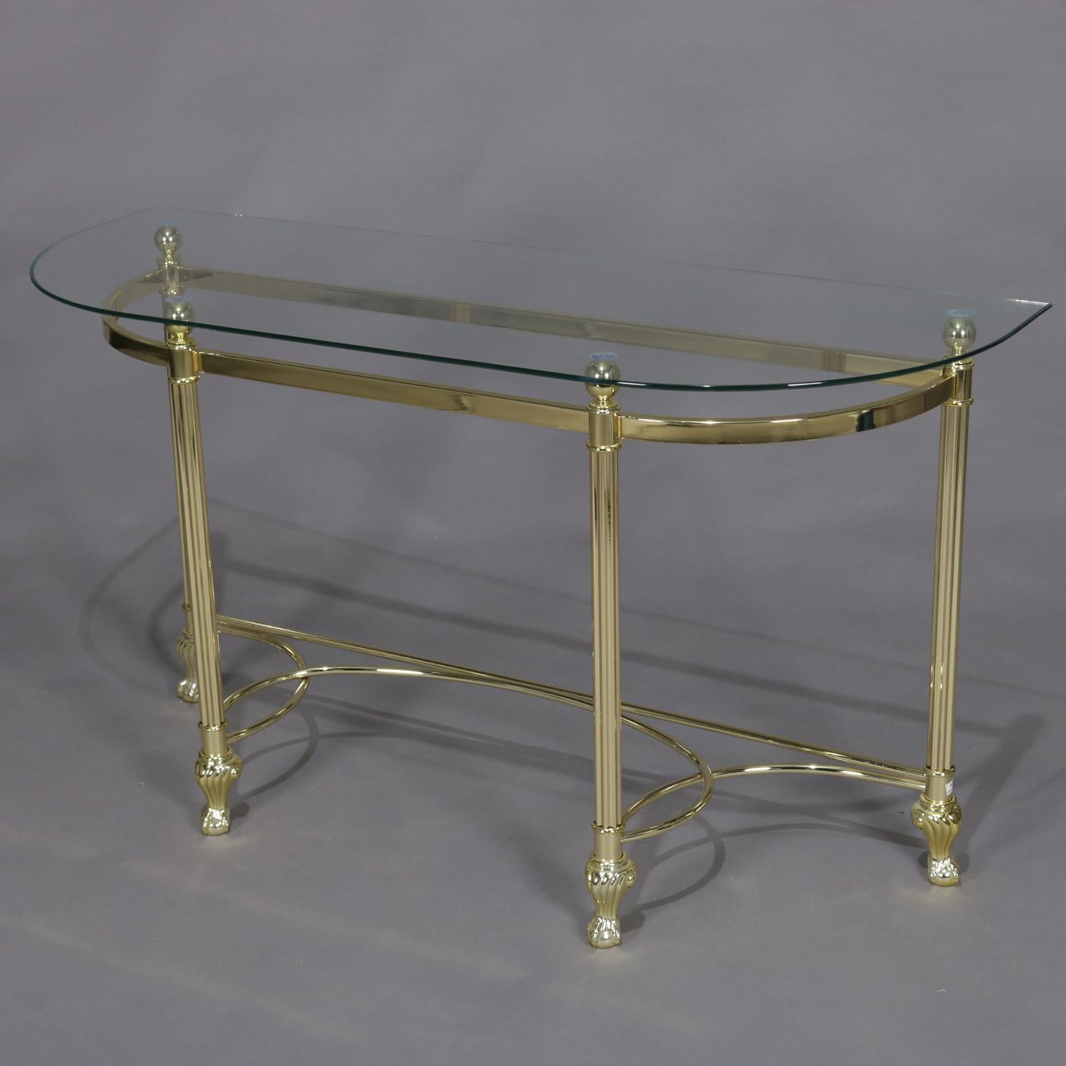 Hollywood Regency Italian Midcentury Transitional Paw Foot Brass and Glass Console Table