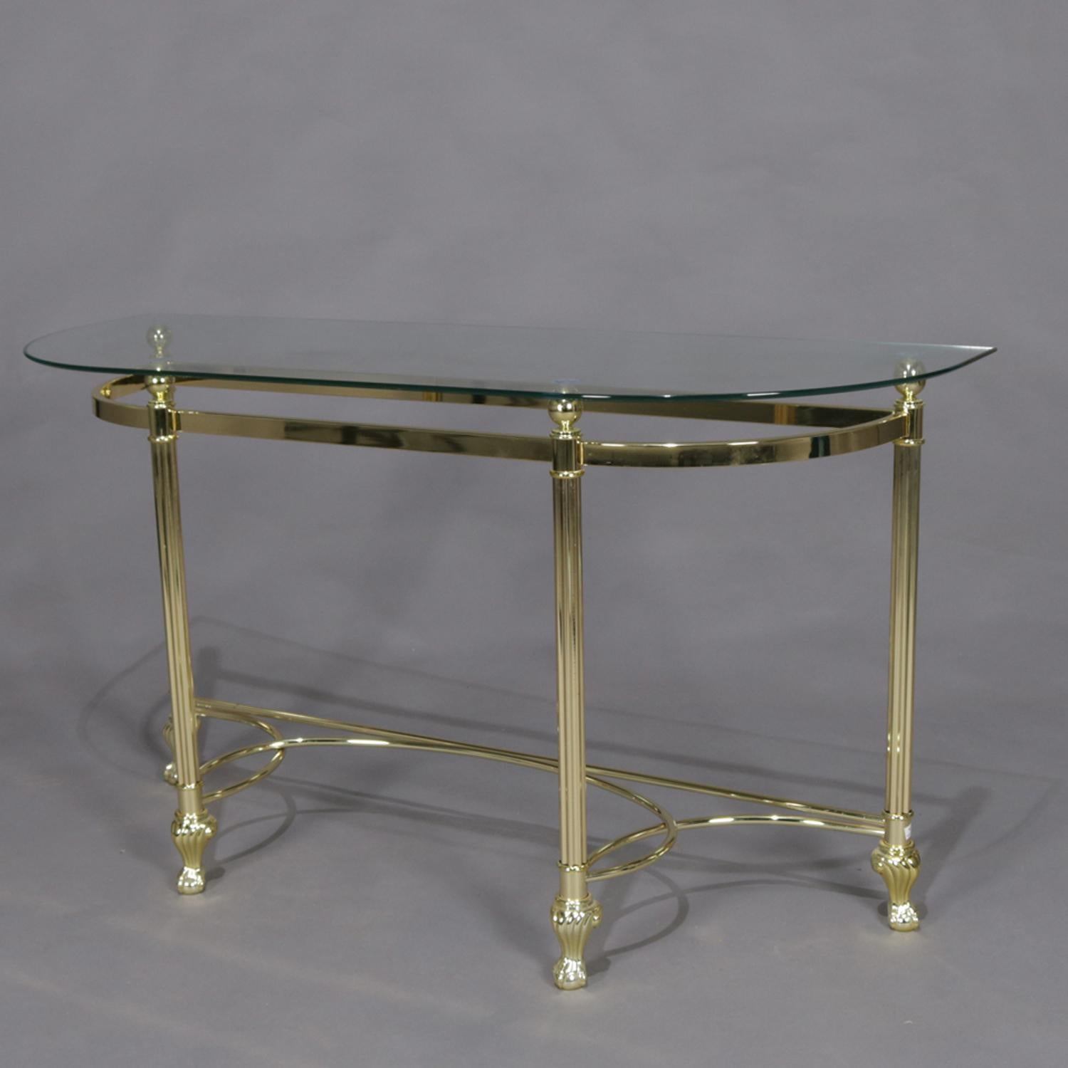 Cast Italian Midcentury Transitional Paw Foot Brass and Glass Console Table