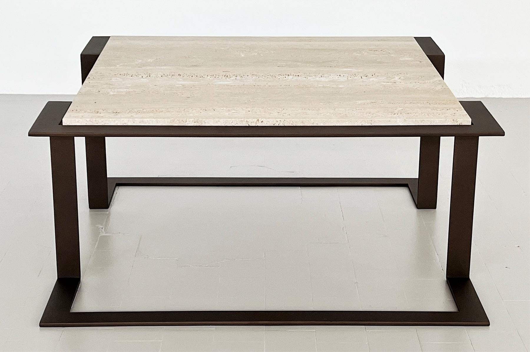 Hand-Crafted Italian Mid-Century Travertine Marble Coffee Table and Metal Base, 1970 For Sale