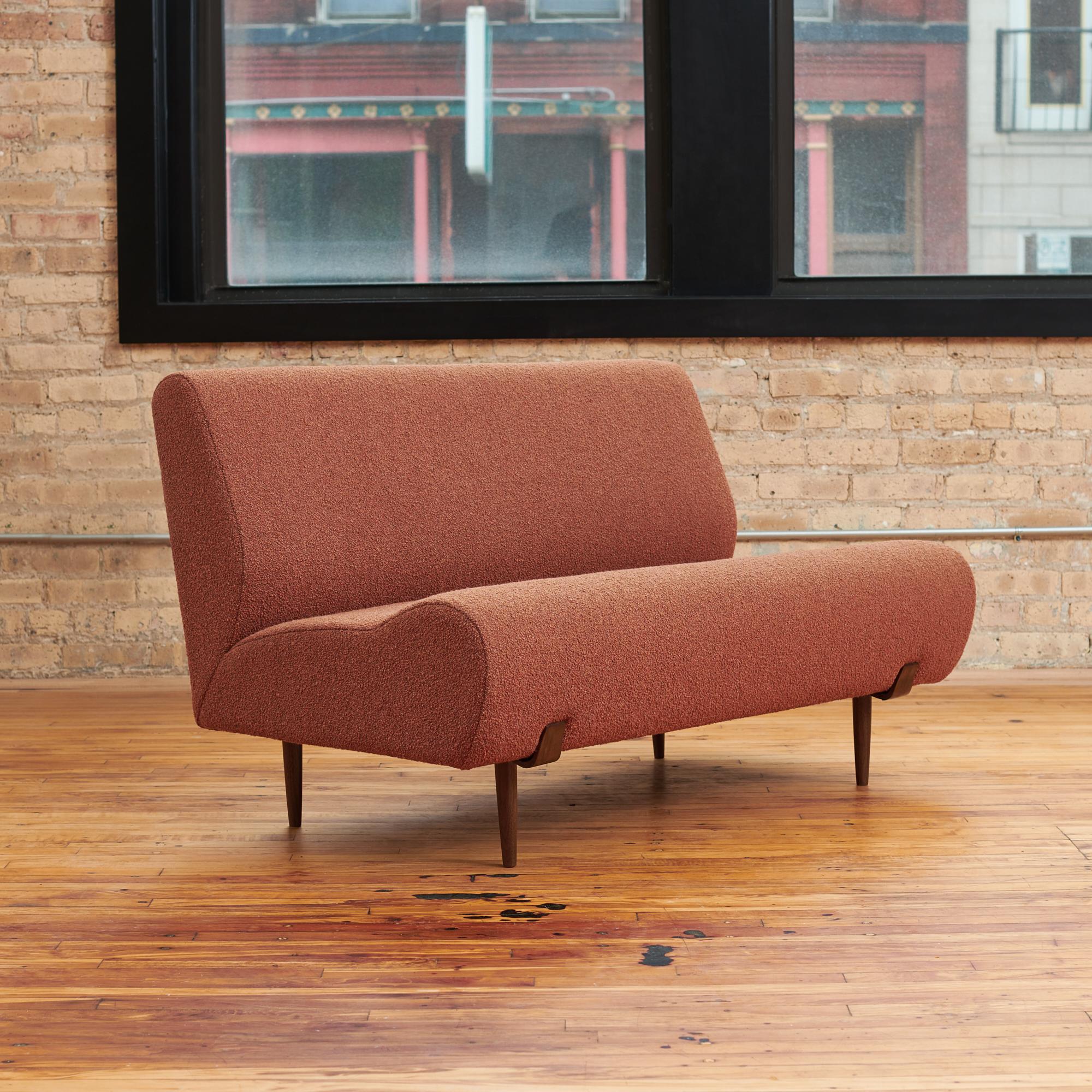 Italian Midcentury Two Piece Sofa in Sienna Orange Bouclé with Walnut Legs In Good Condition For Sale In Chicago, IL