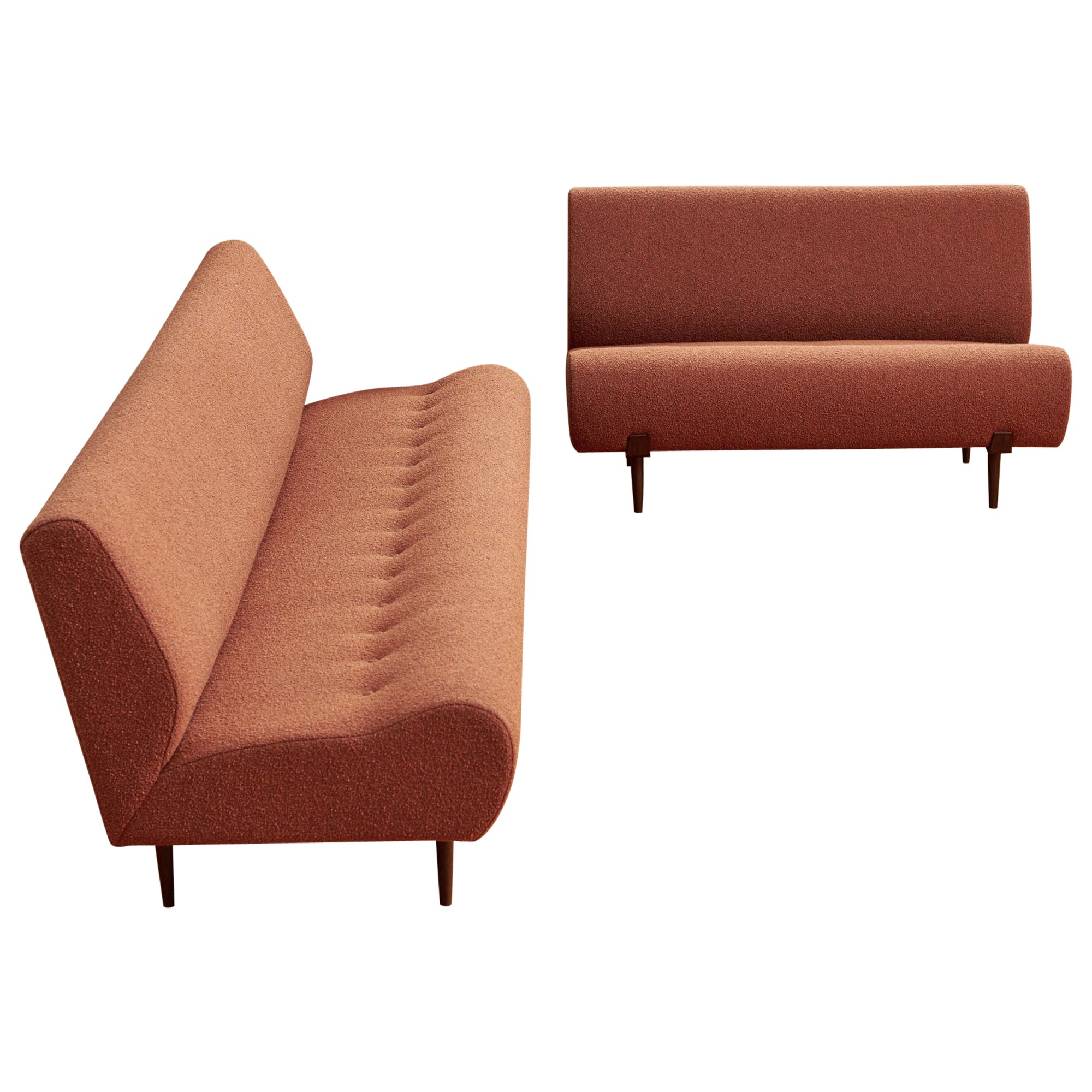 Italian Midcentury Two Piece Sofa in Sienna Orange Bouclé with Walnut Legs For Sale