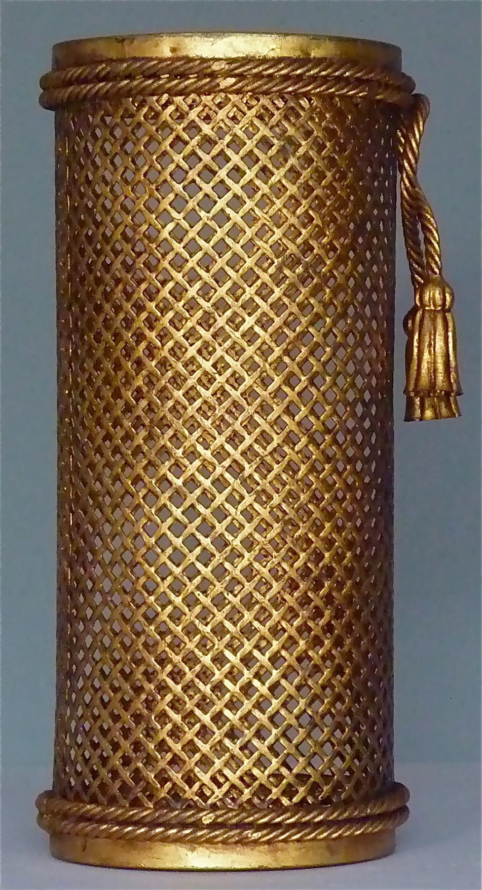 Mid-20th Century Italian Midcentury Umbrella Stand Basket Gilt Woven Metal Hans Kögl Style, 1950s For Sale