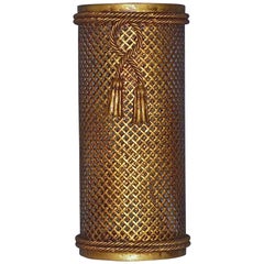 Italian Midcentury Umbrella Stand Basket Gilt Woven Metal Hans Kögl Style, 1950s