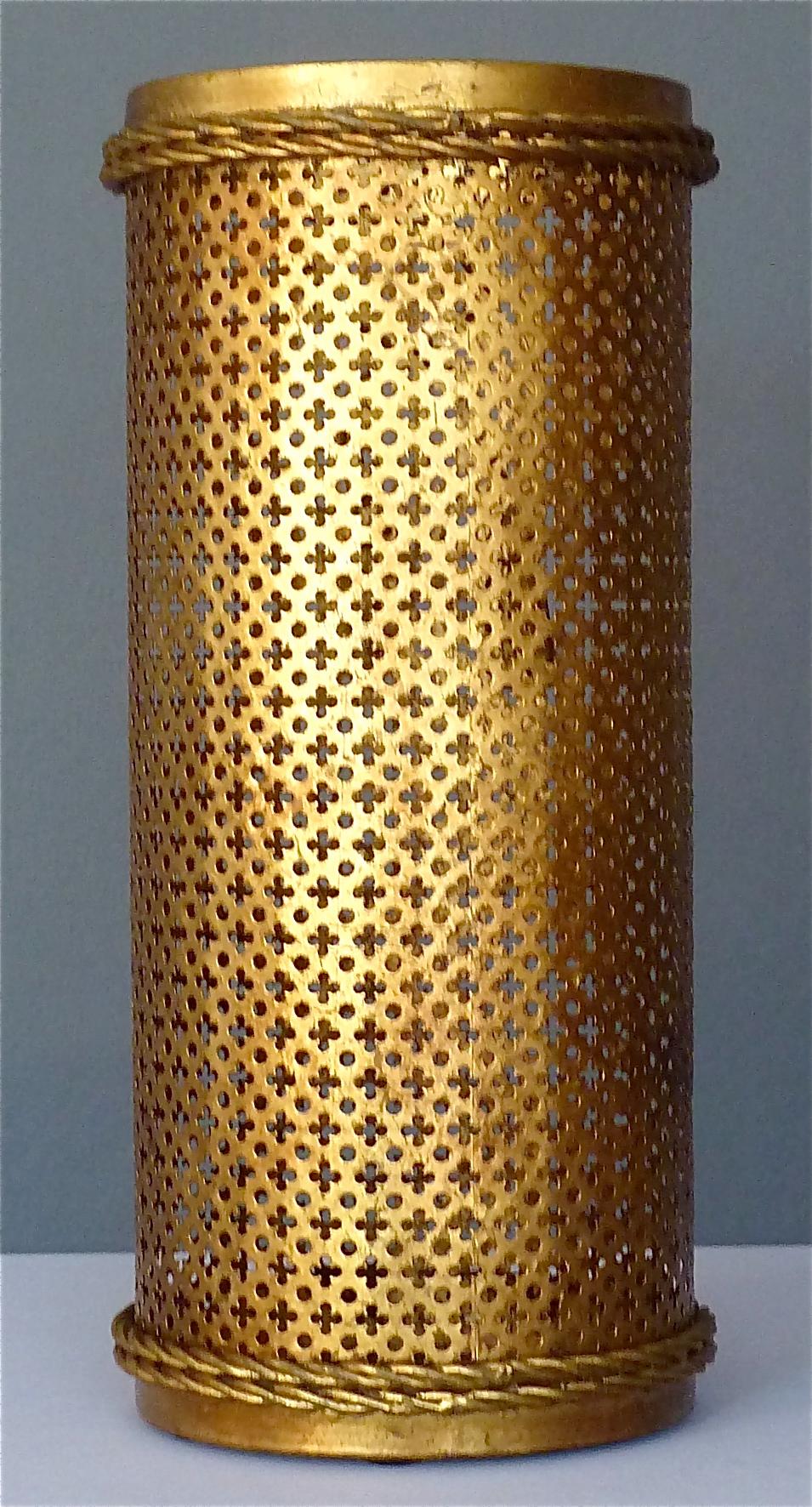 Italian Midcentury Umbrella Stand Gilt Perforated Metal, Hans Kögl Style, 1950s For Sale 1