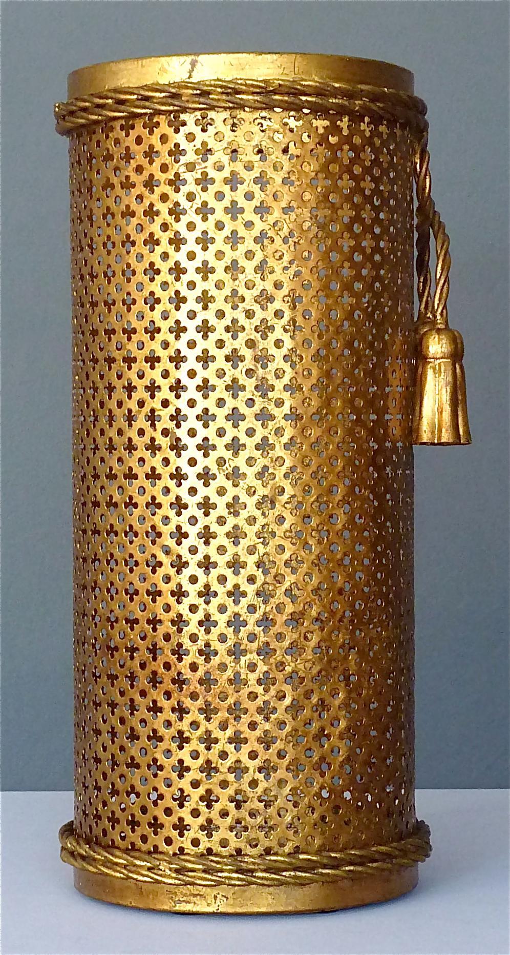 Italian Midcentury Umbrella Stand Gilt Perforated Metal, Hans Kögl Style, 1950s For Sale 2