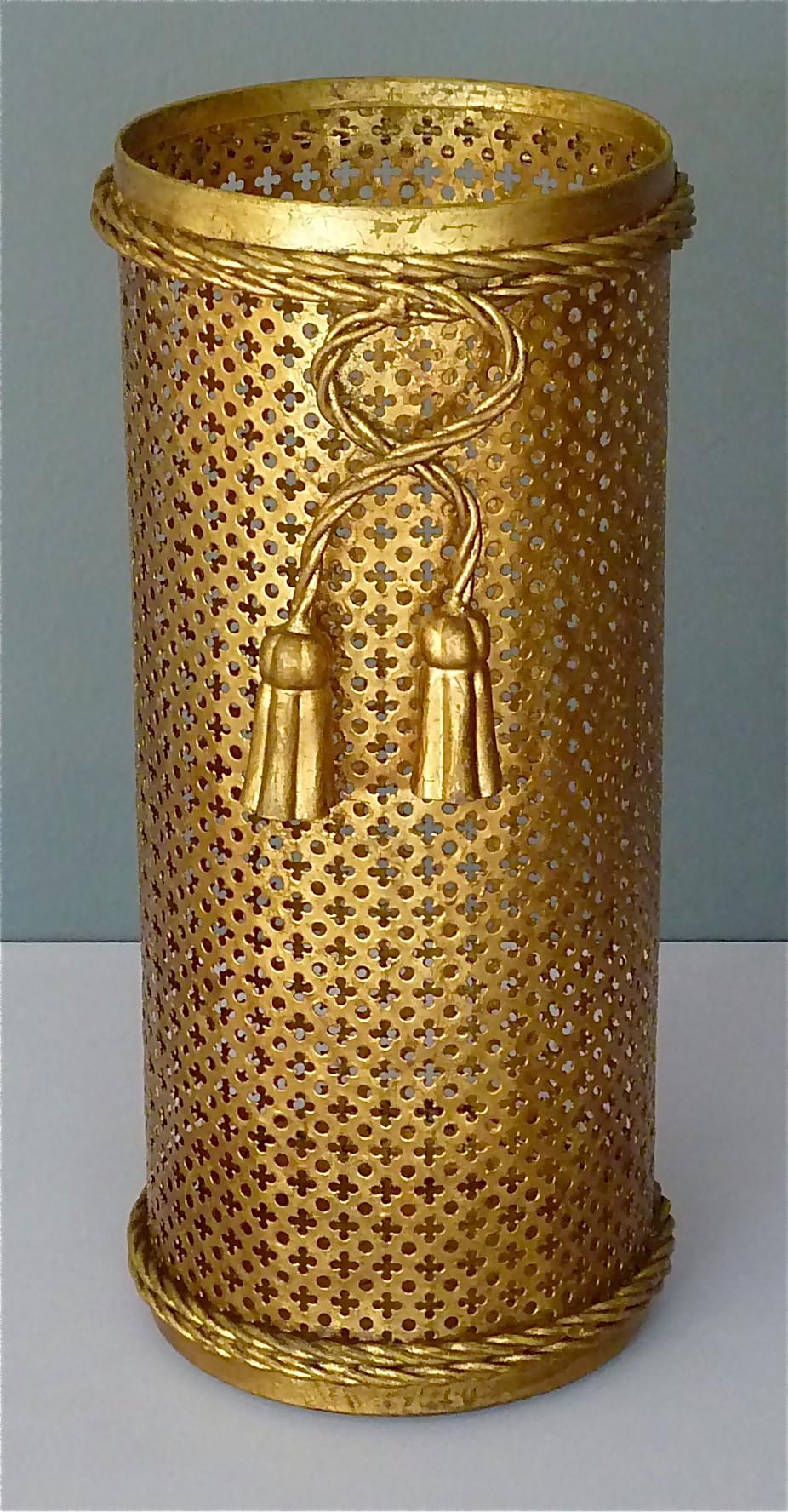 Italian Midcentury Umbrella Stand Gilt Perforated Metal, Hans Kögl Style, 1950s For Sale 4