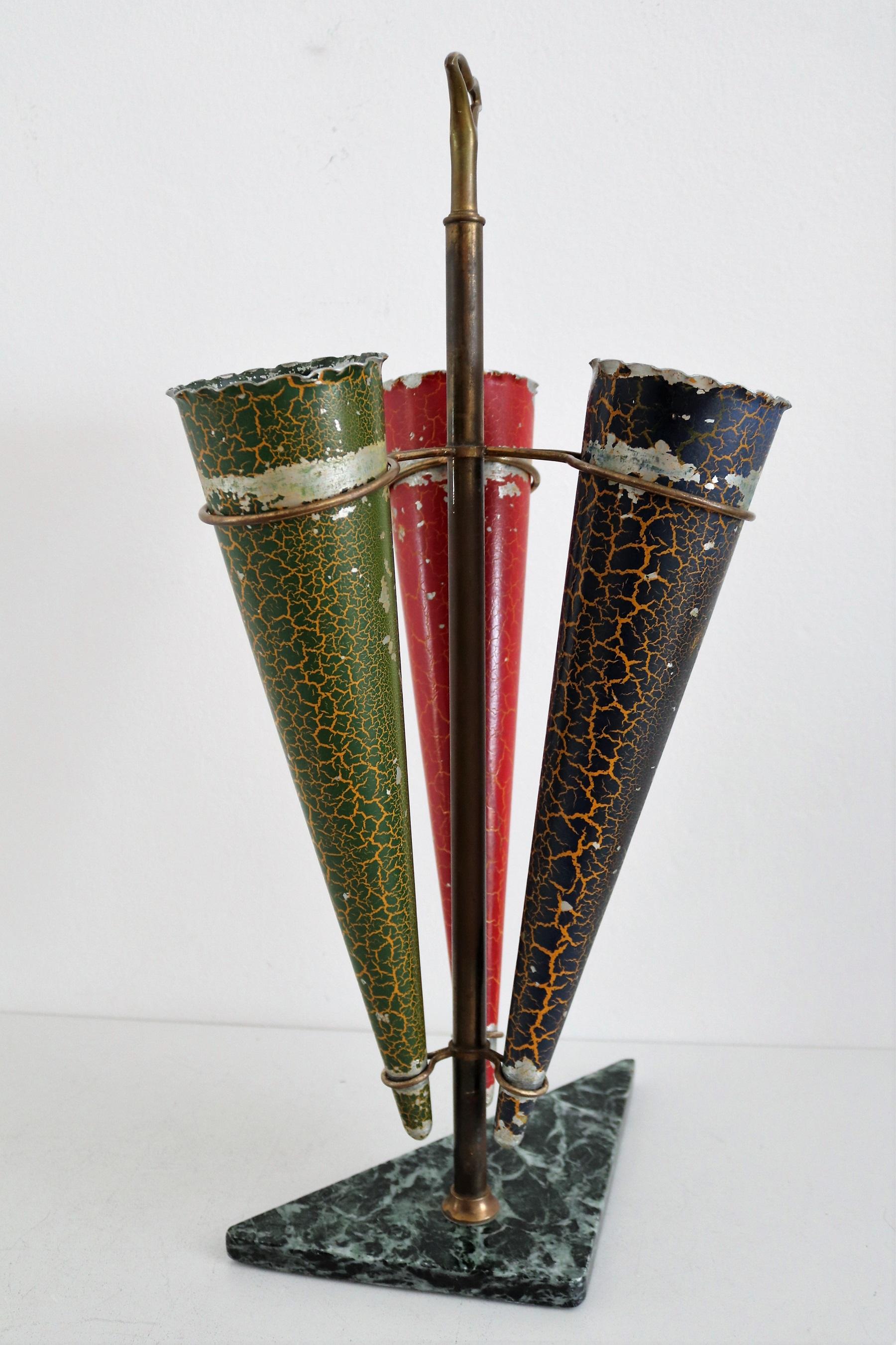 Aluminum Italian Midcentury Umbrella Stand in Brass and Marble For Sale