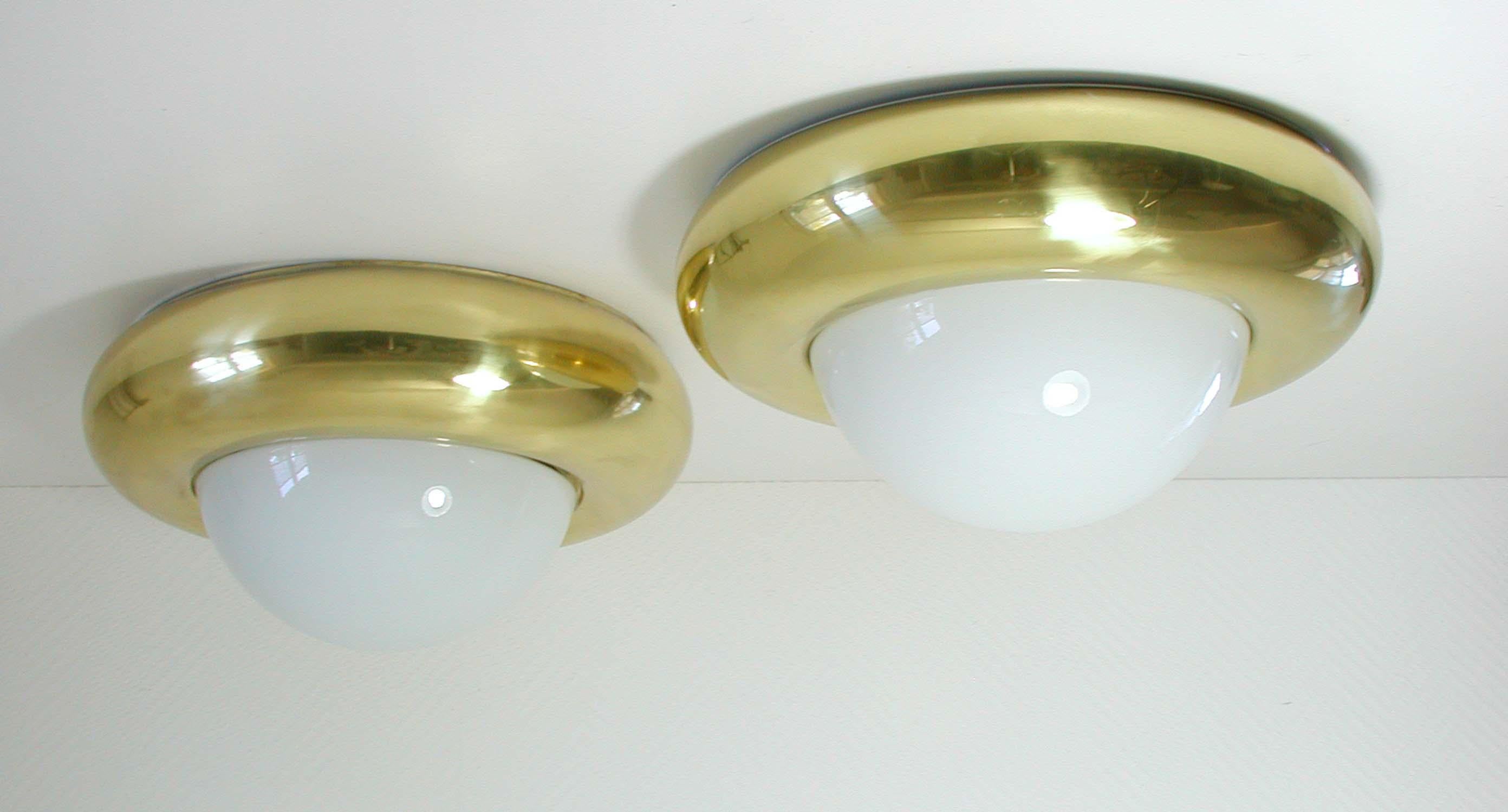 Late 20th Century Italian Midcentury Valenti Luce Milano Brass and Glass Flush Mount Ceiling Light For Sale