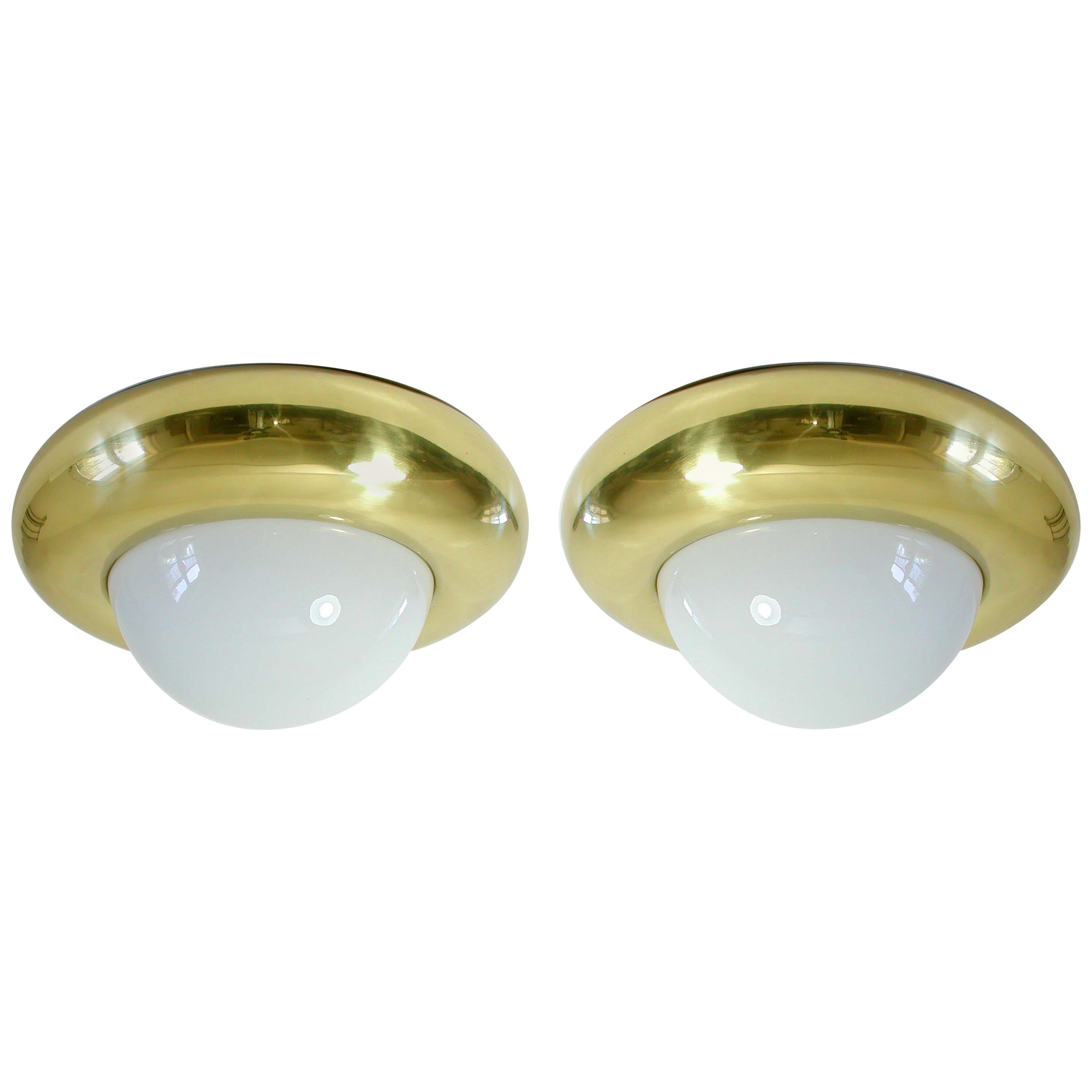 Italian Midcentury Valenti Luce Milano Brass and Glass Flush Mount Ceiling Light For Sale