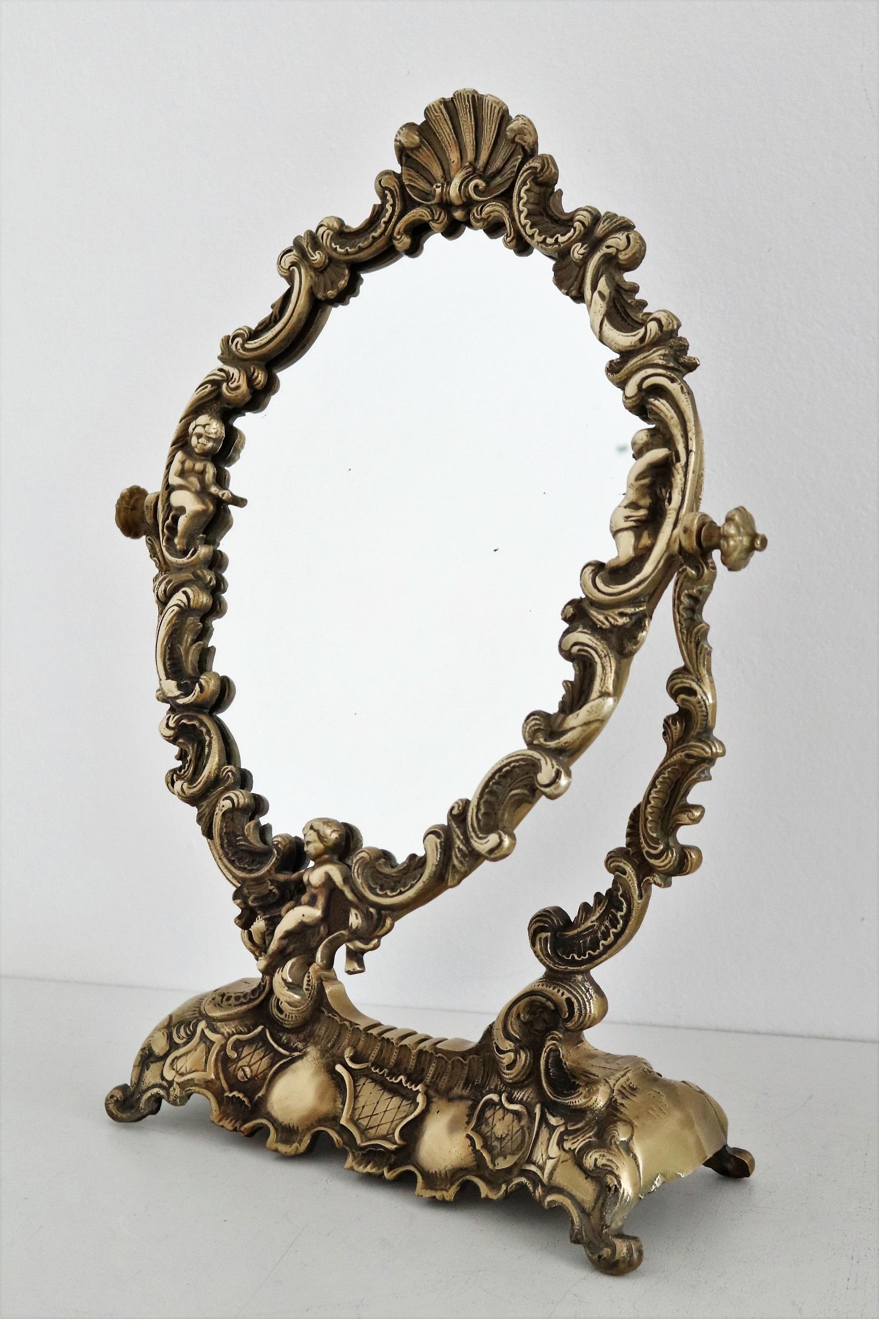 Late 20th Century Italian Midcentury Vanity Dressing Table Mirror in Bronze with Angels, 1970s For Sale