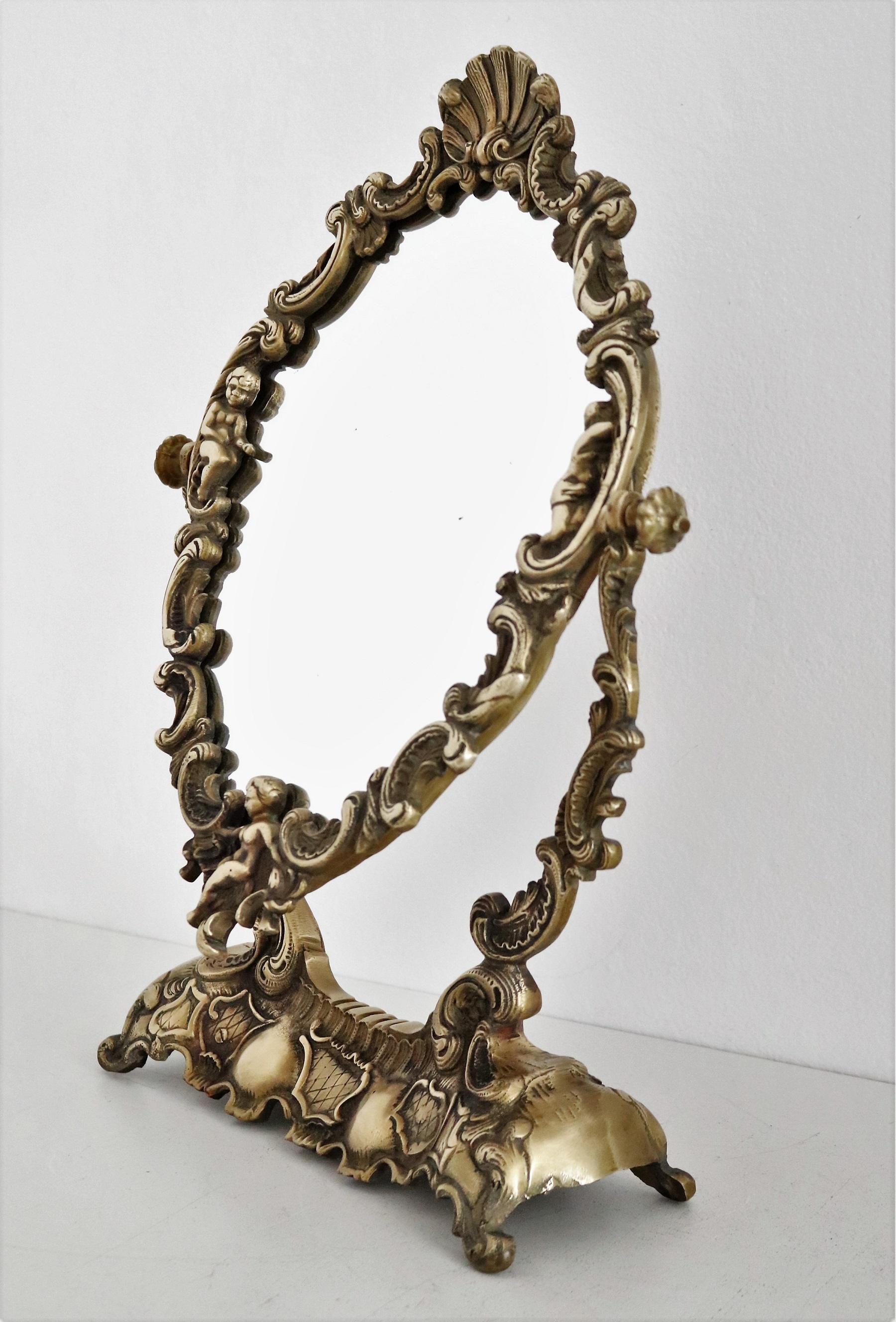 Italian Midcentury Vanity Dressing Table Mirror in Bronze with Angels, 1970s For Sale 1