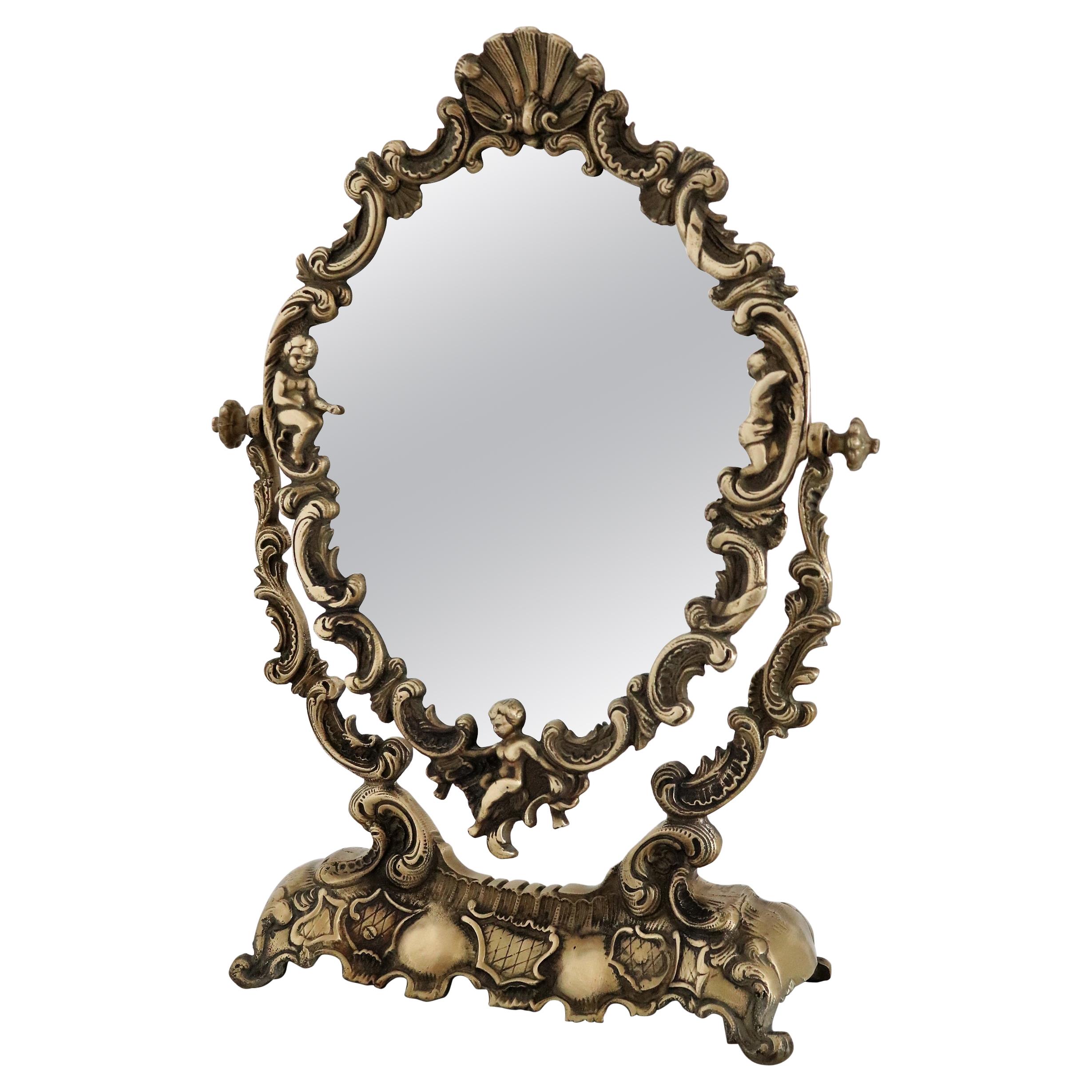 Italian Midcentury Vanity Dressing Table Mirror in Bronze with Angels, 1970s