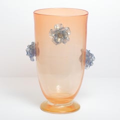 Italian Midcentury Venetian Peach Glass Vase with Blue Flowers, 1950s Design