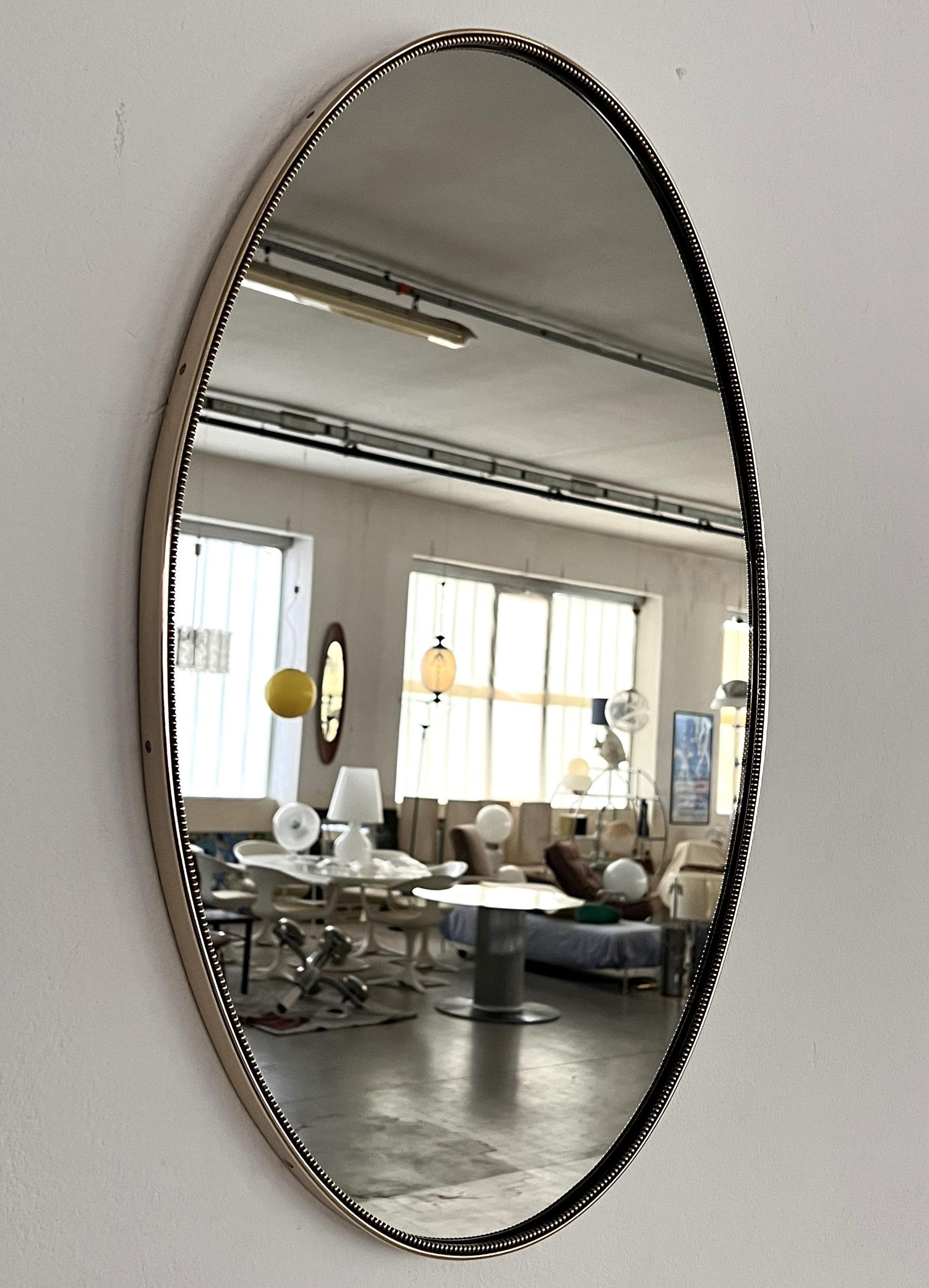 Late 20th Century Italian Midcentury Vintage Wall Mirror with Brass Frame and Decor, 1970s For Sale