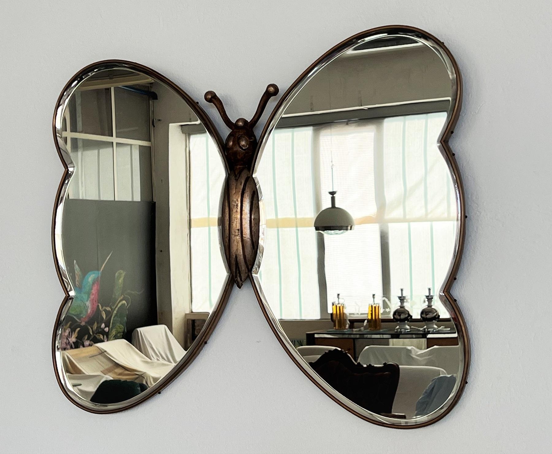 Veneer Italian Midcentury Wall Mirror in Butterfly Shape with Brass and Cut Glass, 1970