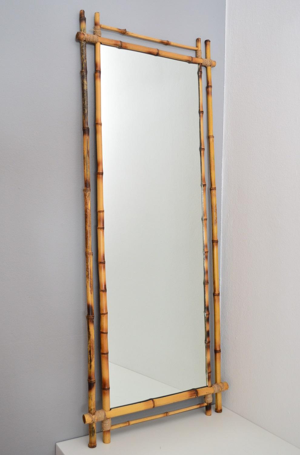 Mid-Century Modern Italian Midcentury Wall Mirror in Real Bamboo Frame, 1960s