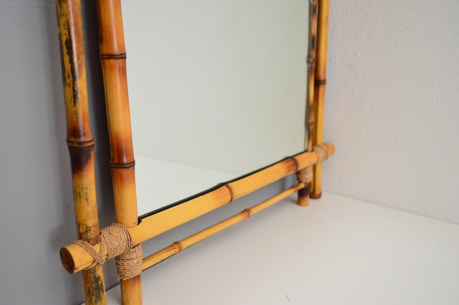 Italian Midcentury Wall Mirror in Real Bamboo Frame, 1960s 2