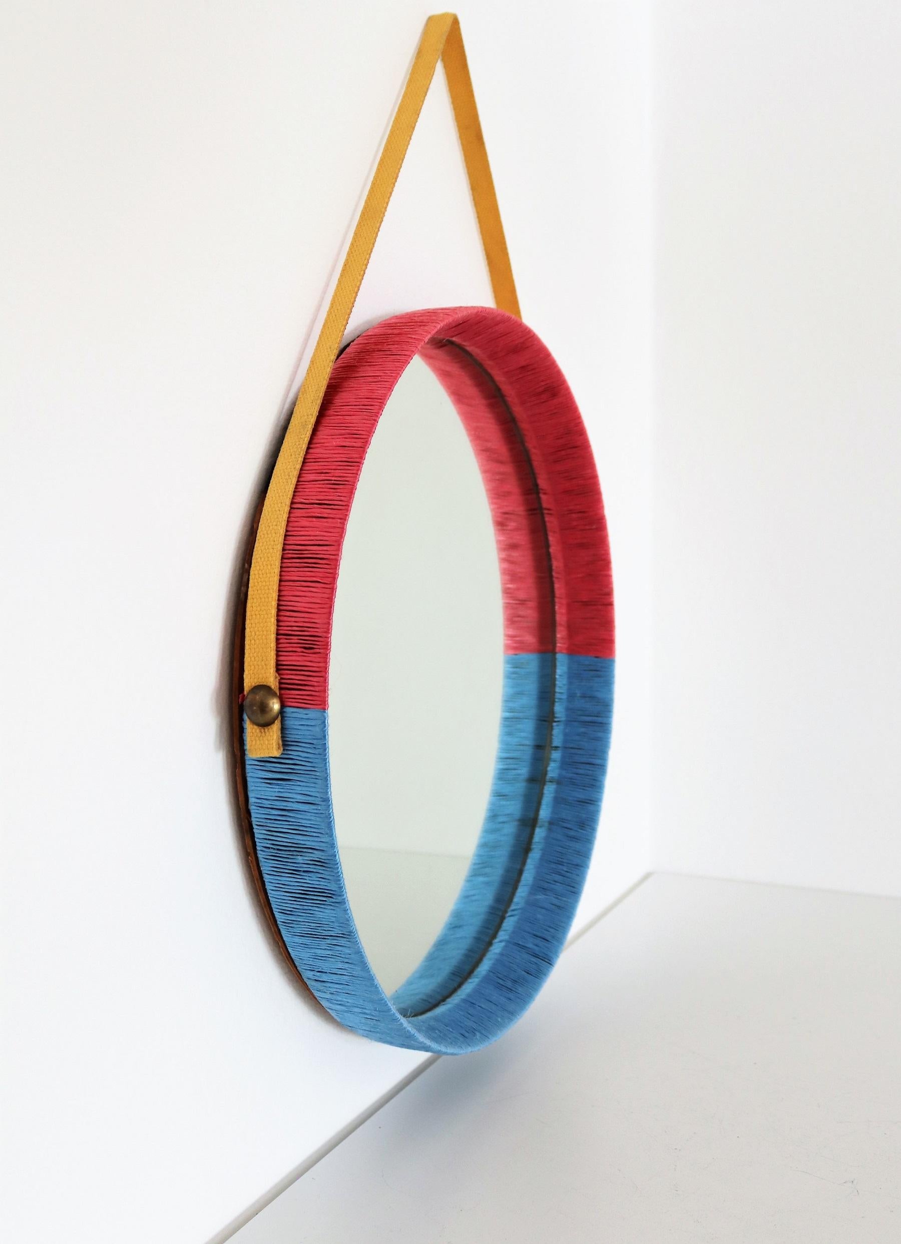 Mid-Century Modern Italian Midcentury Wall Mirror in Red and Blue with Yellow Ribbon, 1950s For Sale