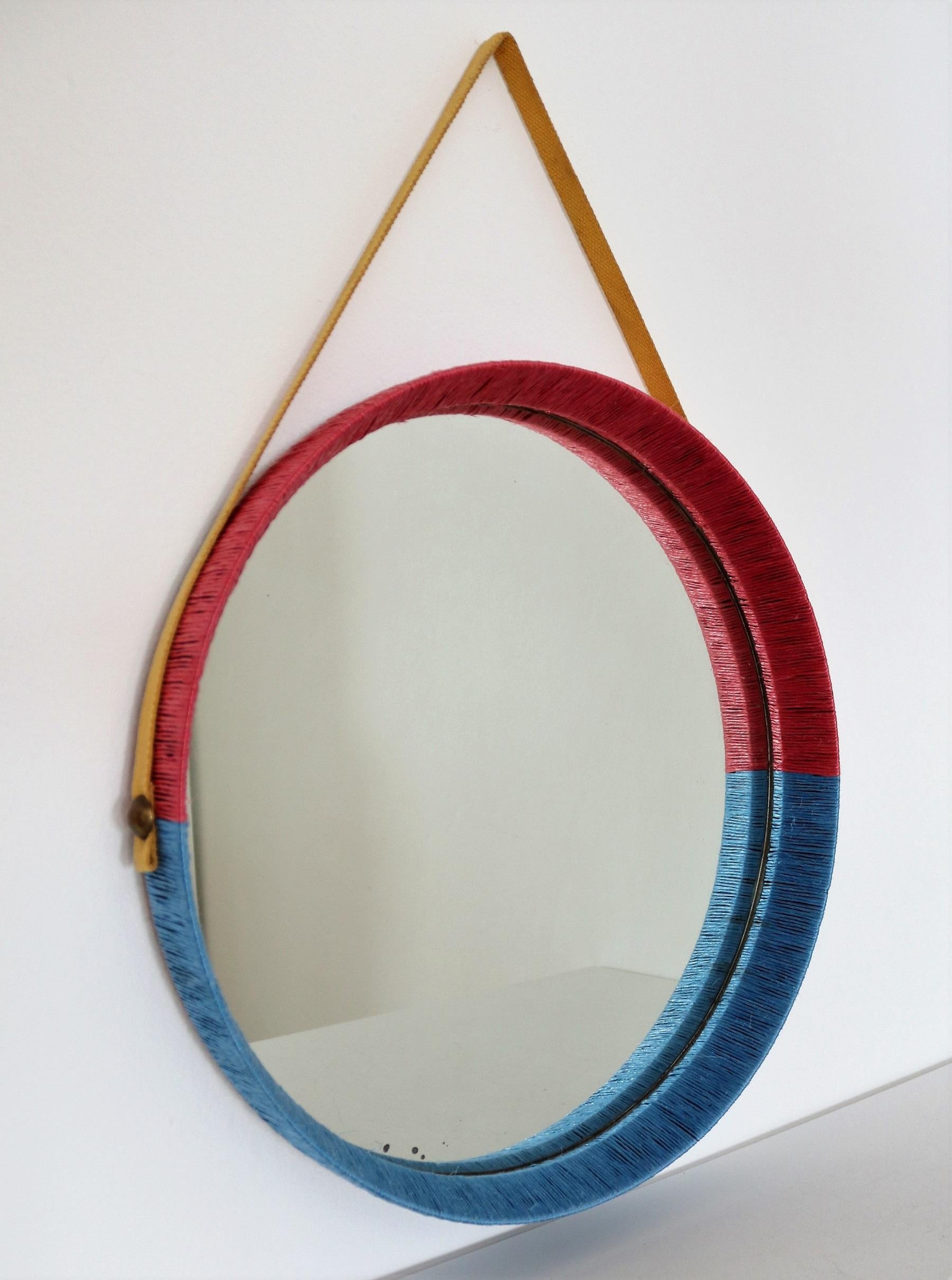 Mid-20th Century Italian Midcentury Wall Mirror in Red and Blue with Yellow Ribbon, 1950s For Sale