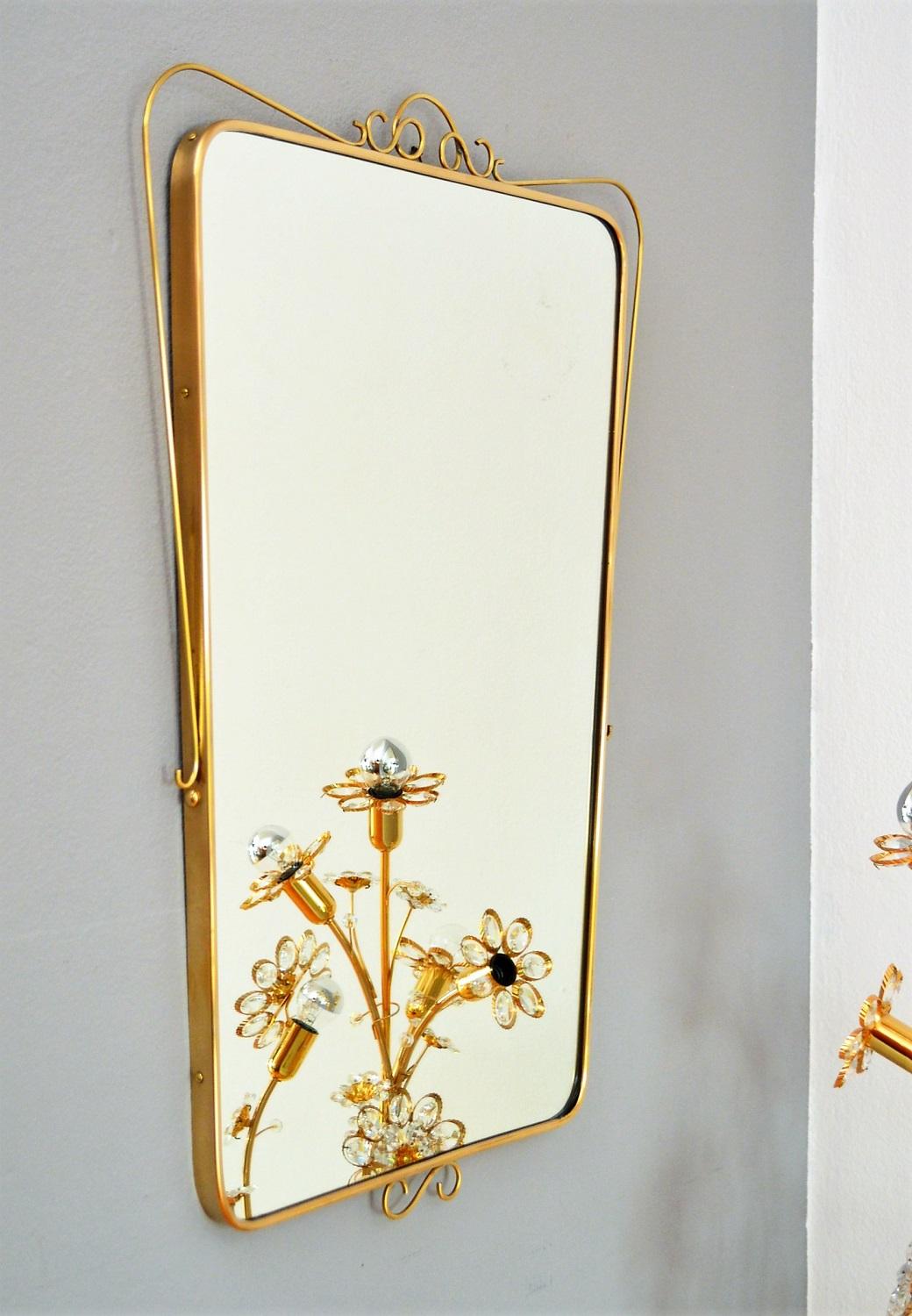 Italian Midcentury Wall Mirror with Brass Frame and Decor, 1950s 5