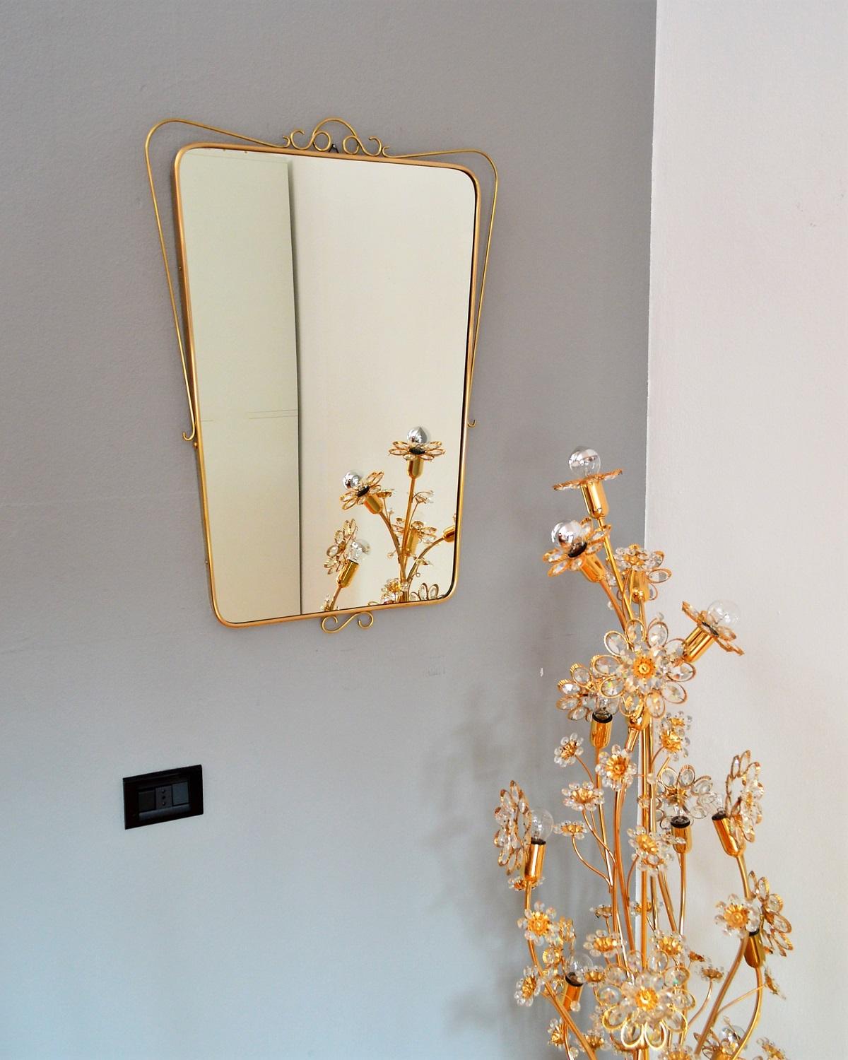 Mid-Century Modern Italian Midcentury Wall Mirror with Brass Frame and Decor, 1950s