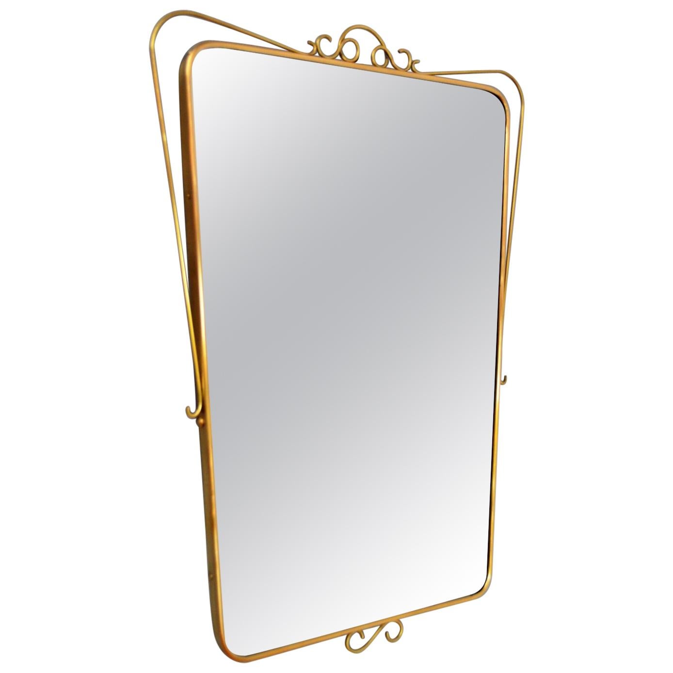 Italian Midcentury Wall Mirror with Brass Frame and Decor, 1950s