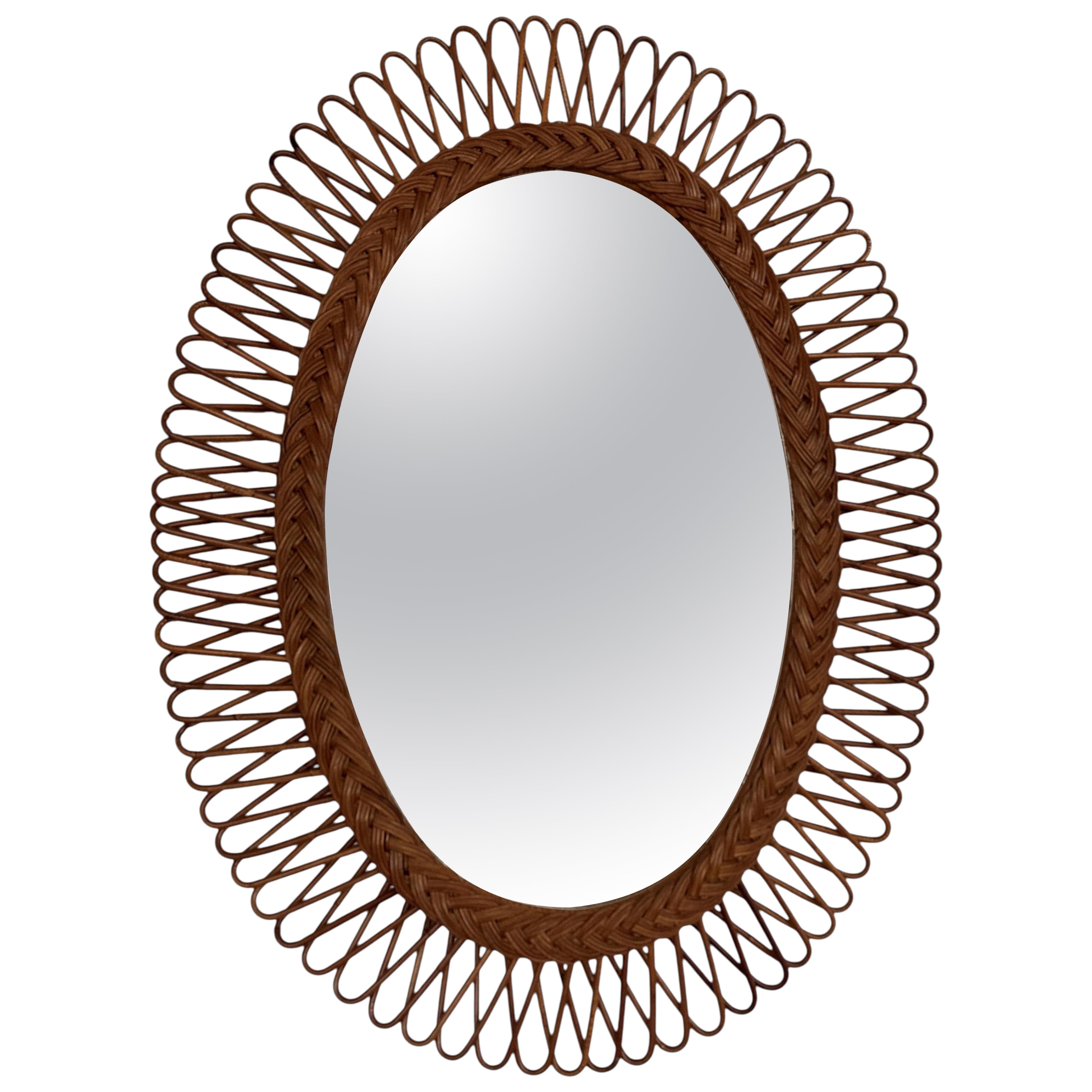 Italian Midcentury Wall Mirror With Organic Wicker and Bamboo Frame, 1960s For Sale