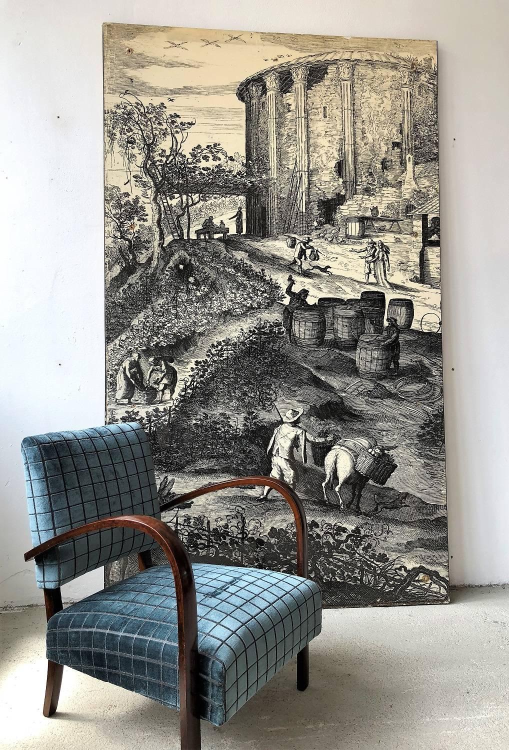 Beautiful and very particular Hugh wall mural or wall panel made of strong glossy layer over the big print and chipboard at the backside, made in Italy in the 1950s.
The mural shows a rural scene of people at harvest time. In the background a part