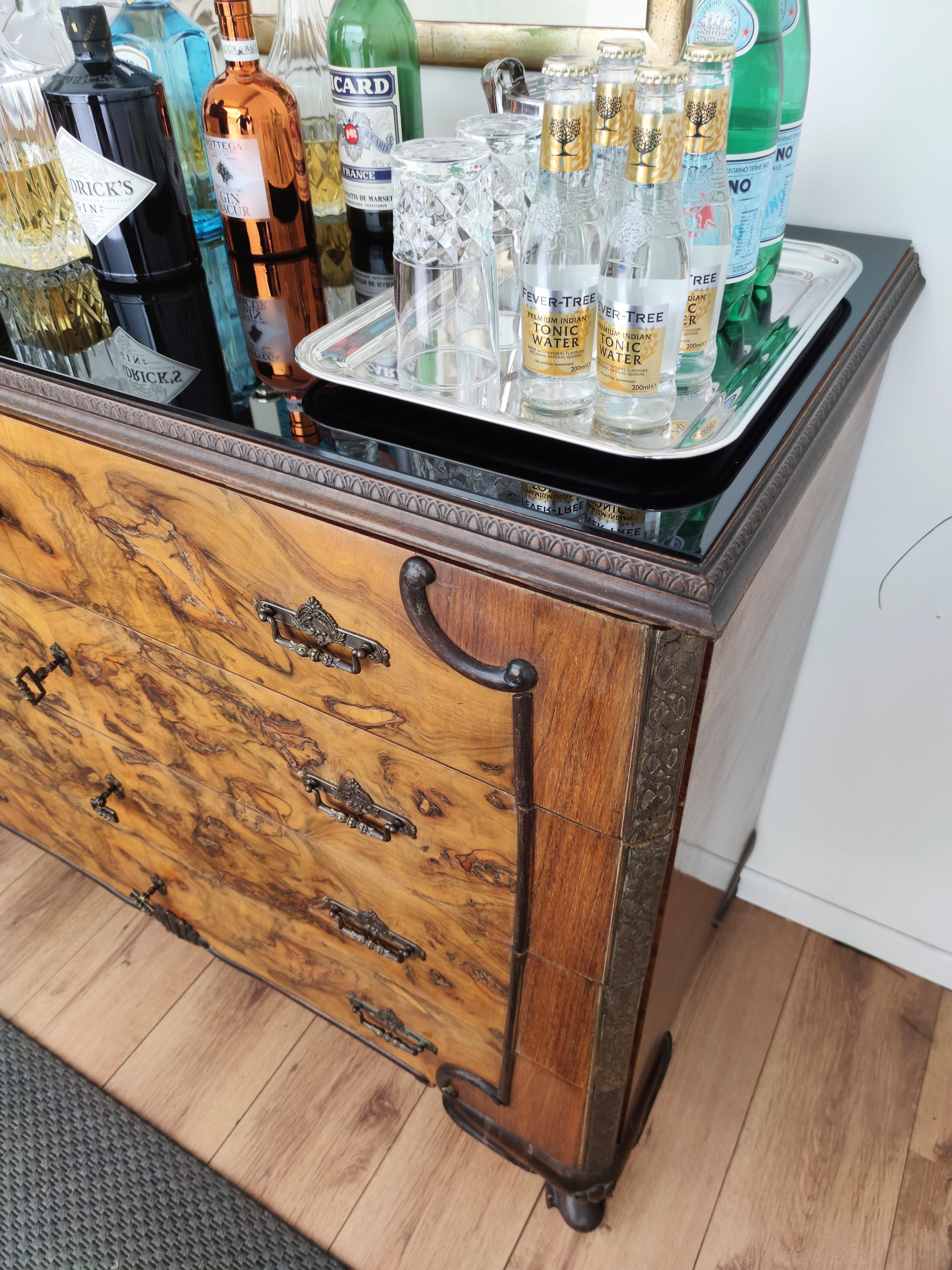 Italian Midcentury Walnut Burl Brass Glass Top Chest of Drawers Commode Credenza 2