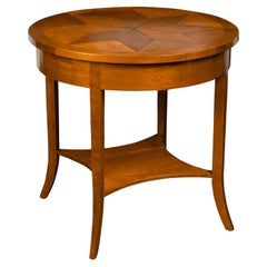 Italian Midcentury Walnut Round Top Side Table with Star Inlay and Single Drawer