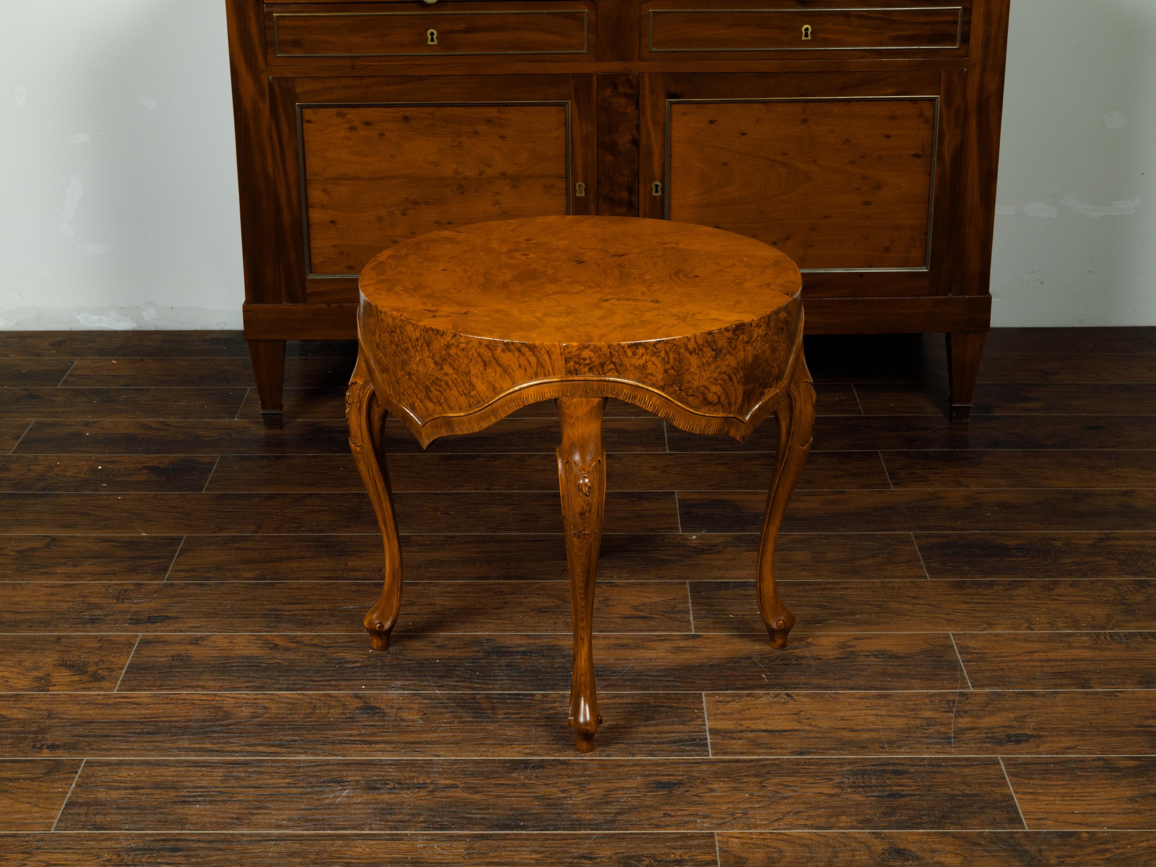 Italian Midcentury Walnut Side Table with Round Top and Unusual Carved Apron 2