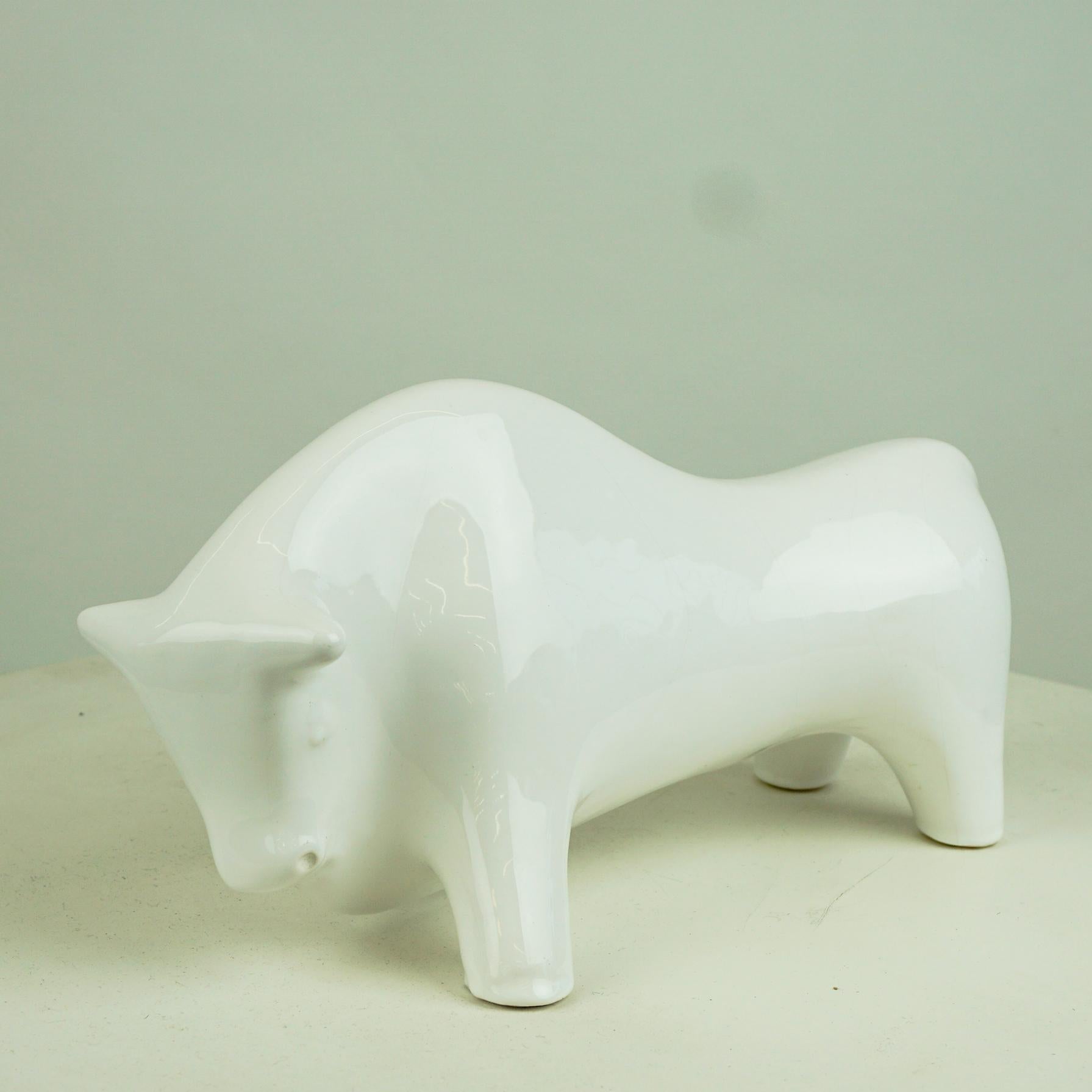 Ceramic Italian Midcentury White Glazed Bull Designed by Aldo Londi for Bitossi