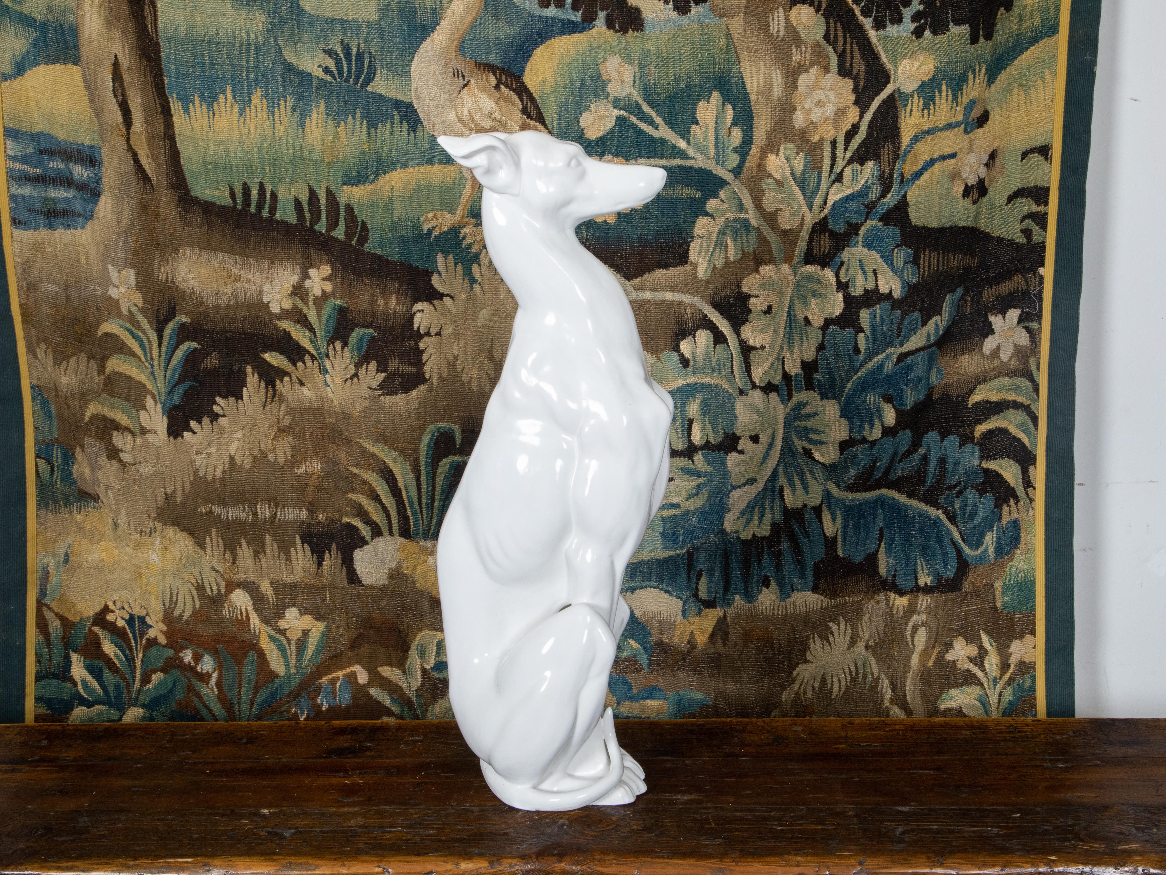 Italian Midcentury White Porcelain Dog Sculpture of a Sitting Greyhound In Good Condition In Atlanta, GA