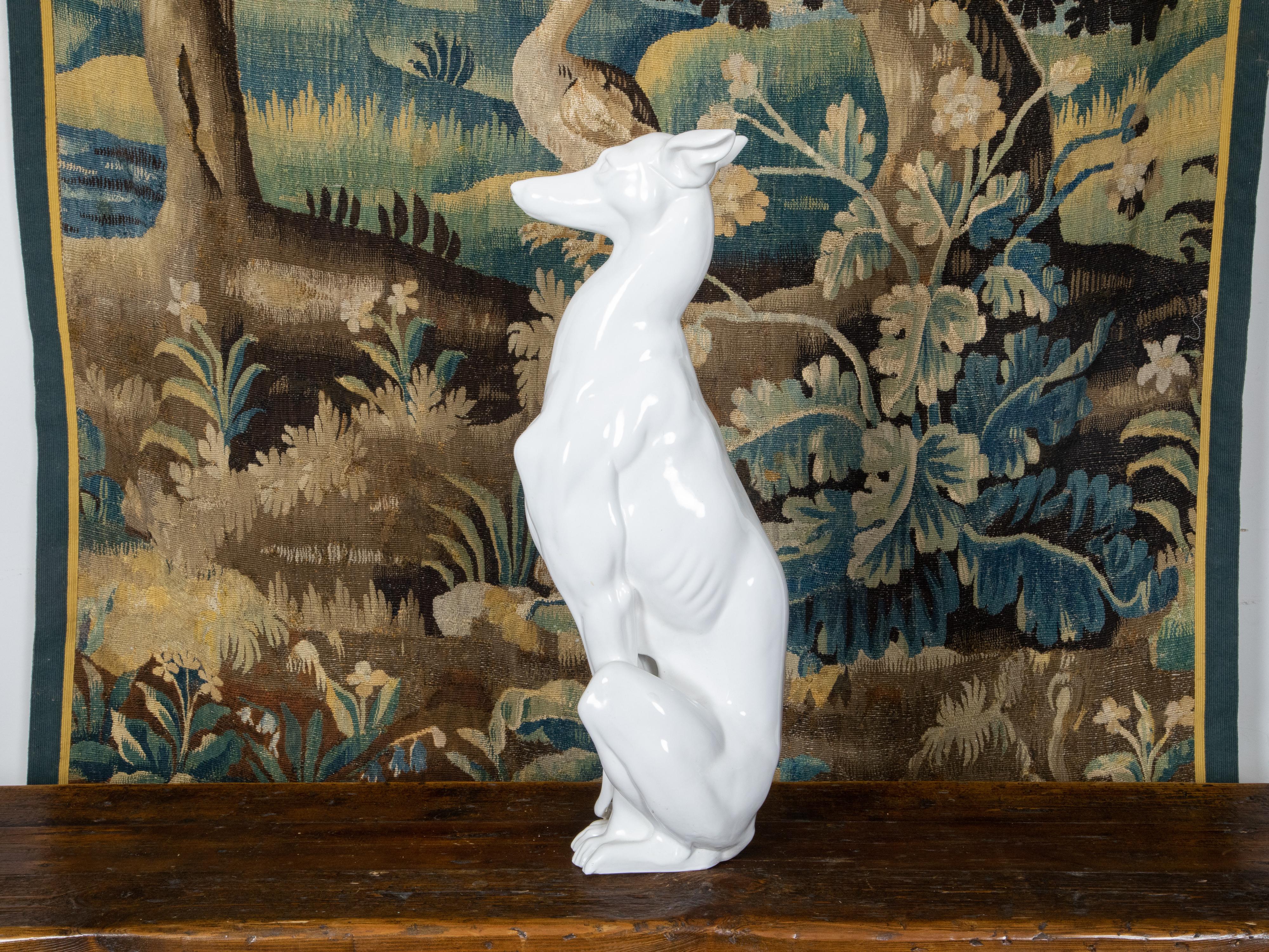 Italian Midcentury White Porcelain Dog Sculpture of a Sitting Greyhound 1