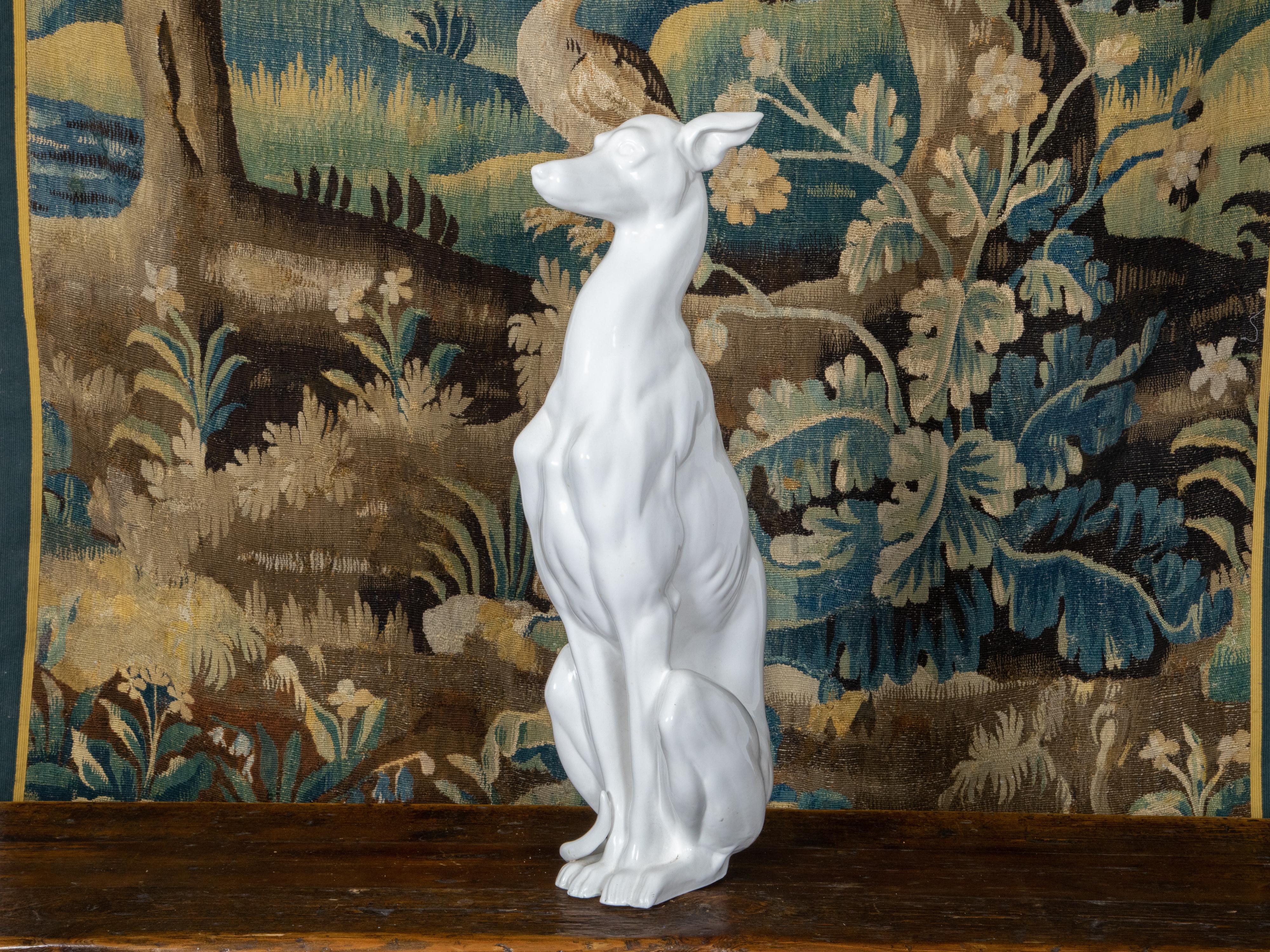 Italian Midcentury White Porcelain Dog Sculpture of a Sitting Greyhound 3