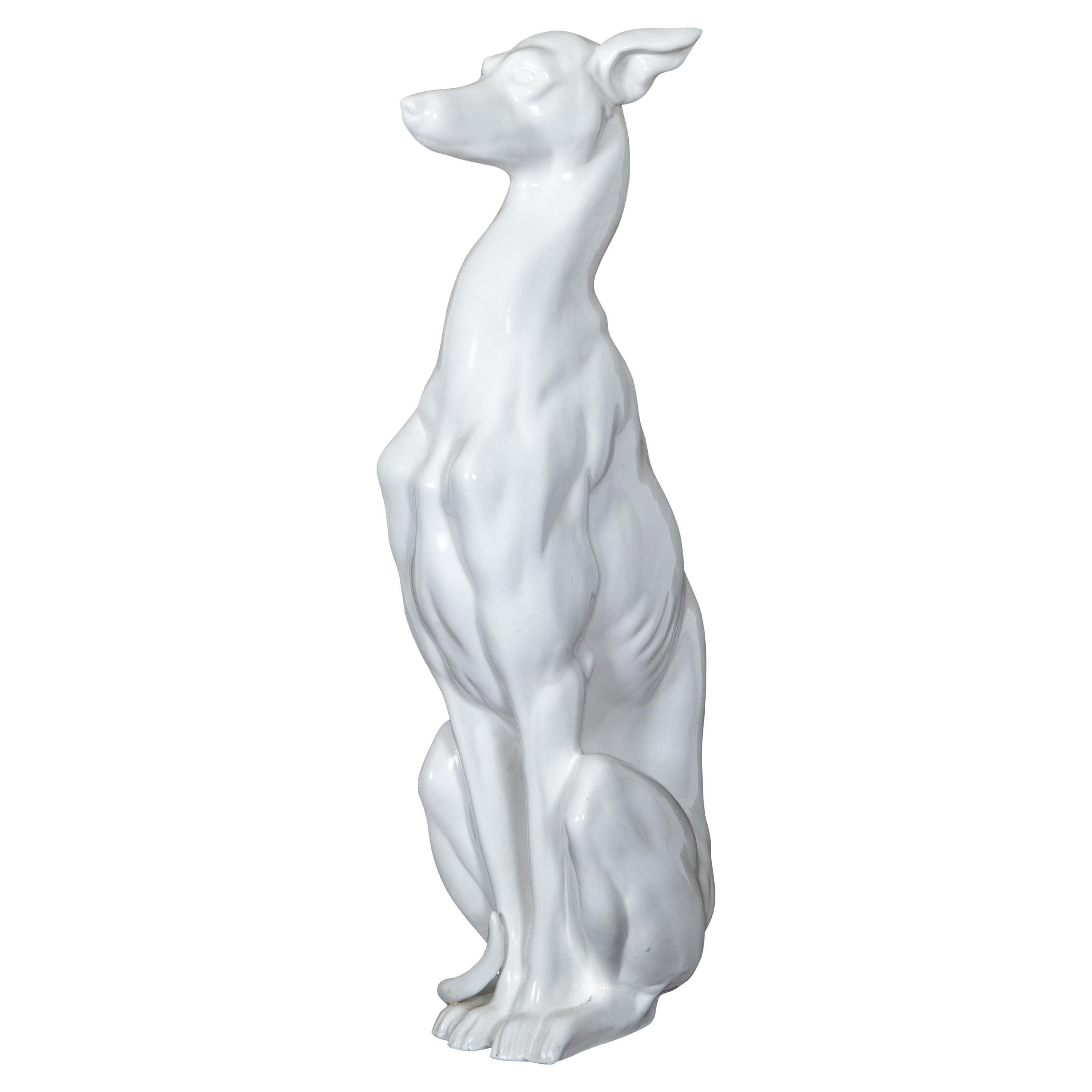 Italian Midcentury White Porcelain Dog Sculpture of a Sitting Greyhound