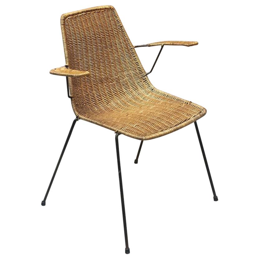 Italian Midcentury Wicker Chair with Armrest by Campo e Graffi, 1950s