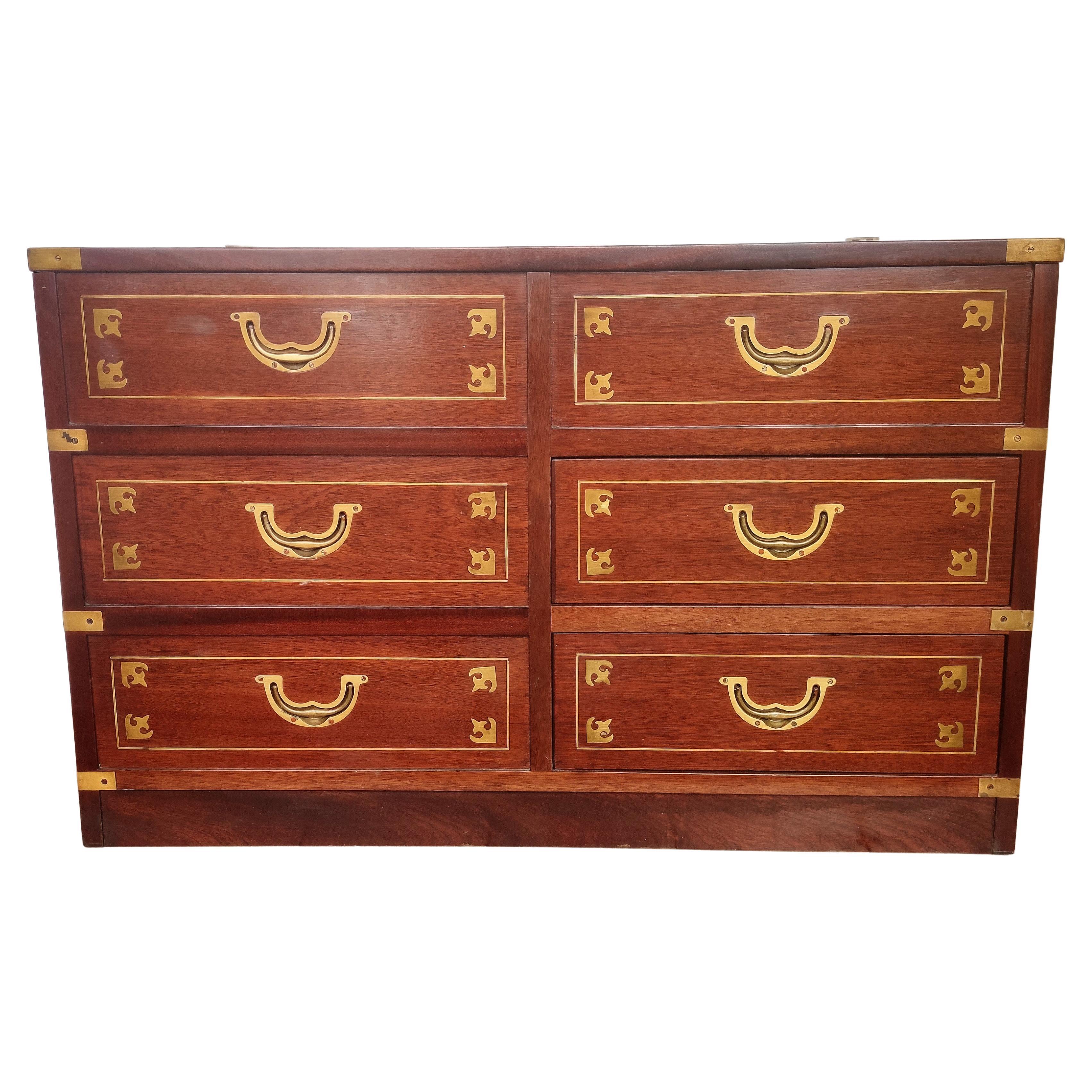 Italian Midcentury Wood and Brass Marine Military Campaign Style Chest For Sale