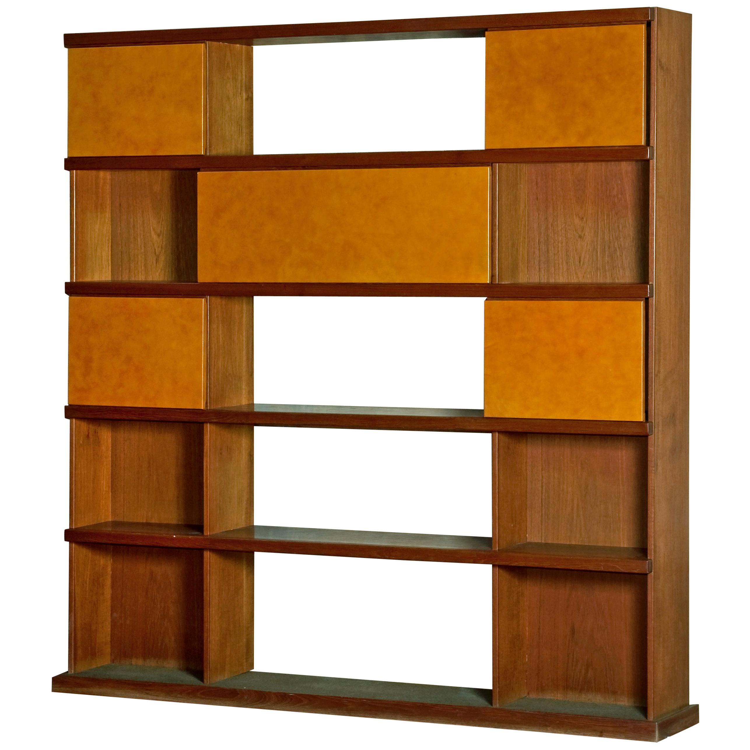 Italian Midcentury Wood and Leather Bookcase